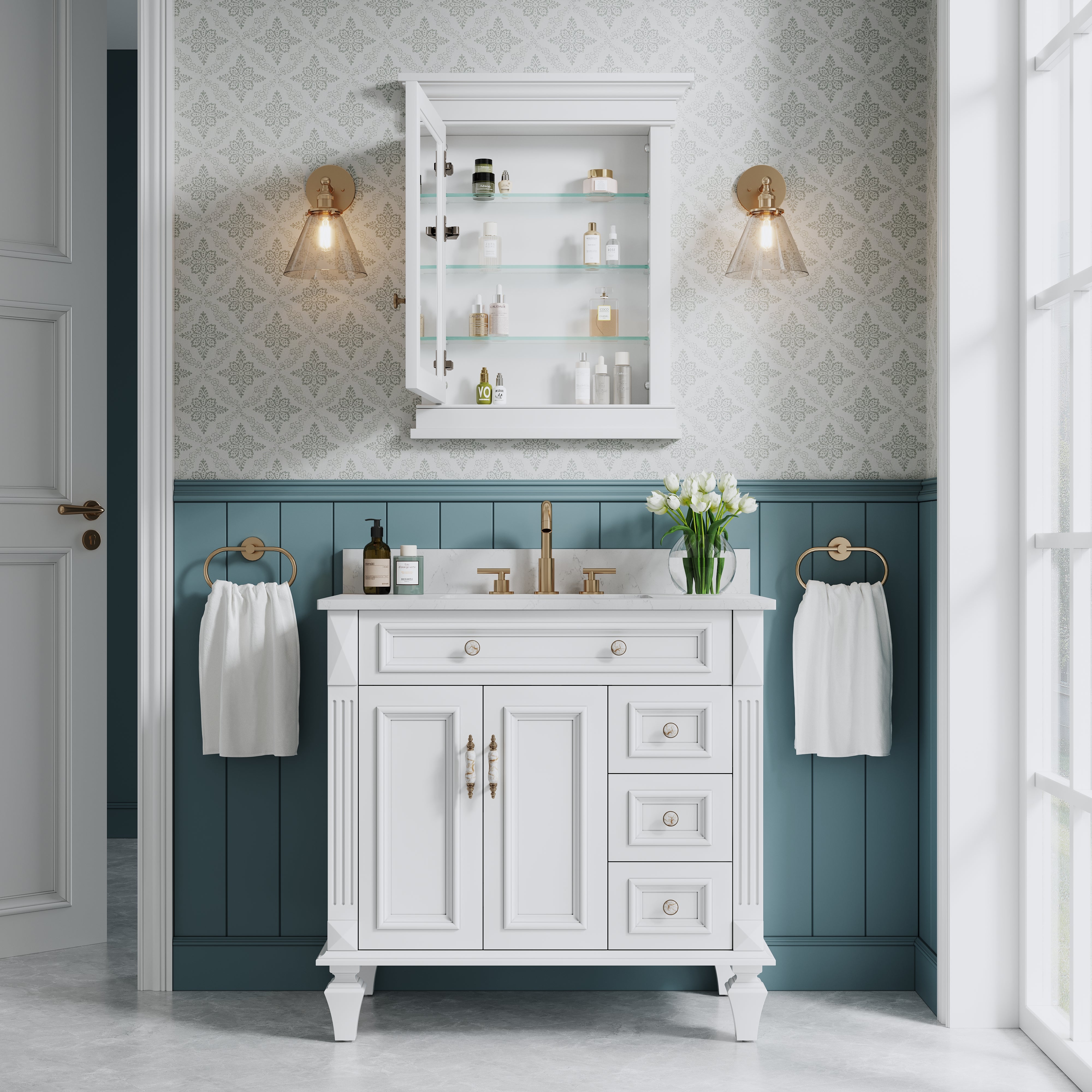 26 in. W x 32 in. H White Recessed installation Bathroom Medicine Wood Cabinet with Mirror