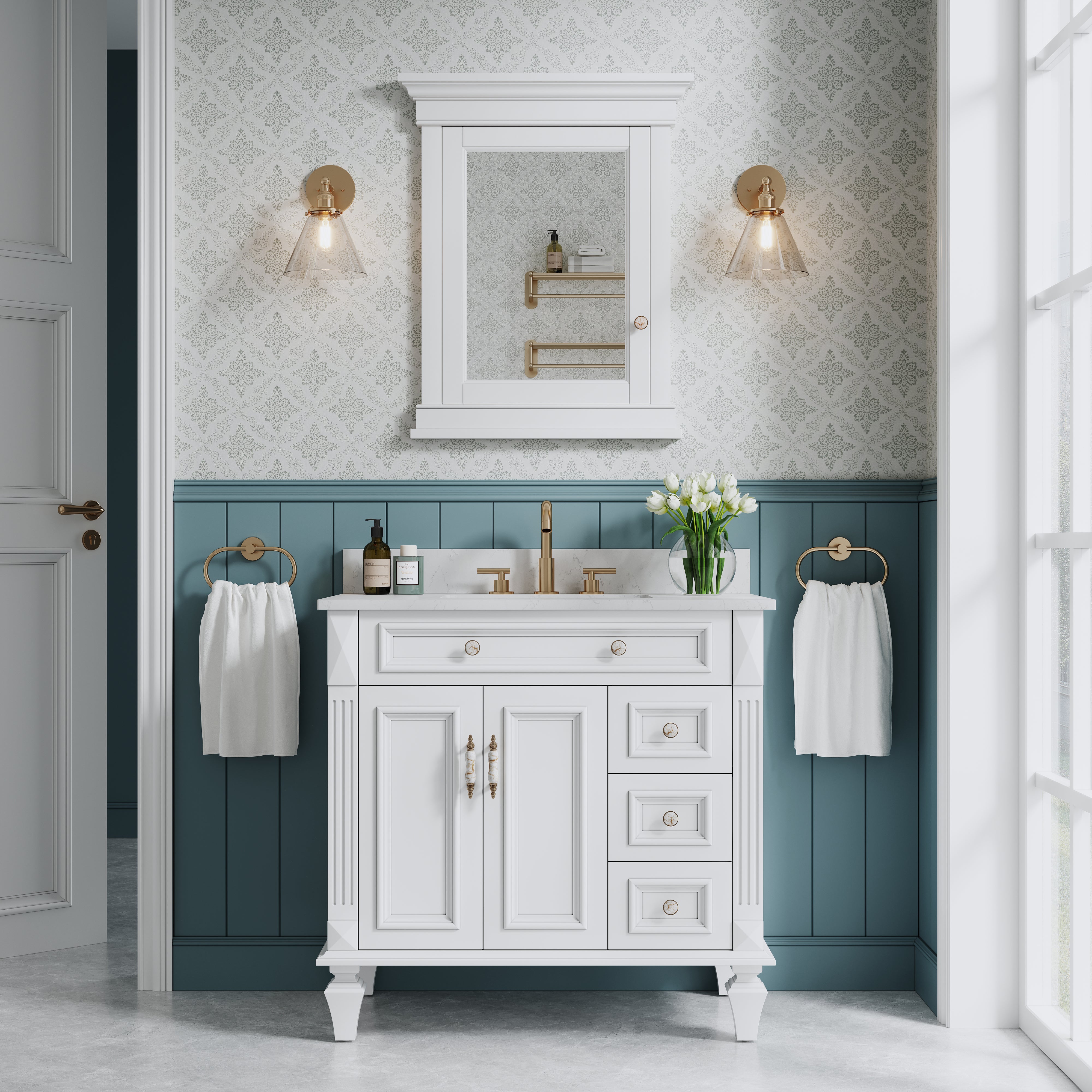 26 in. W x 32 in. H White Recessed installation Bathroom Medicine Wood Cabinet with Mirror