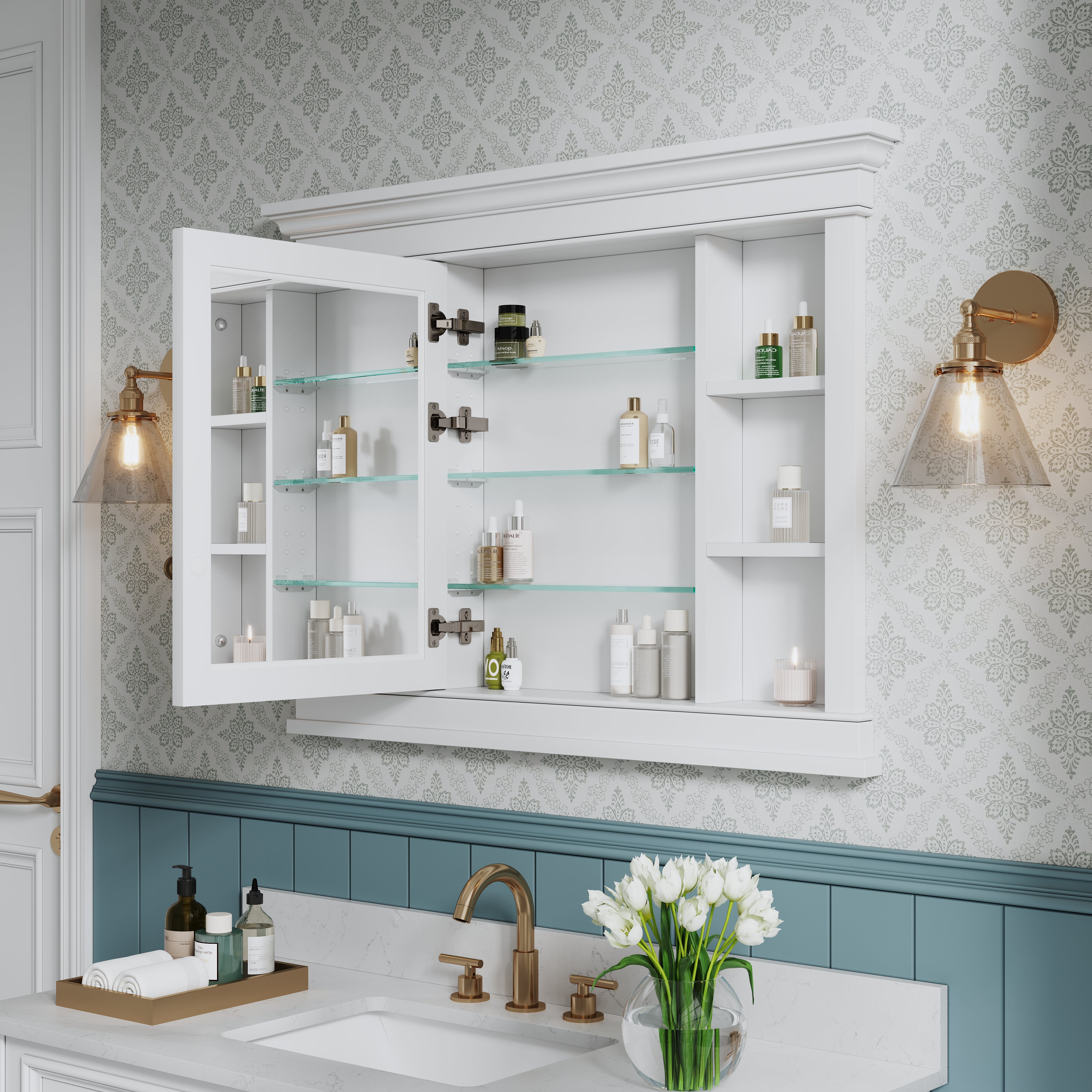 42 in. W x 32 in. H White Recessed installation Bathroom Medicine Wood Cabinet with Mirror