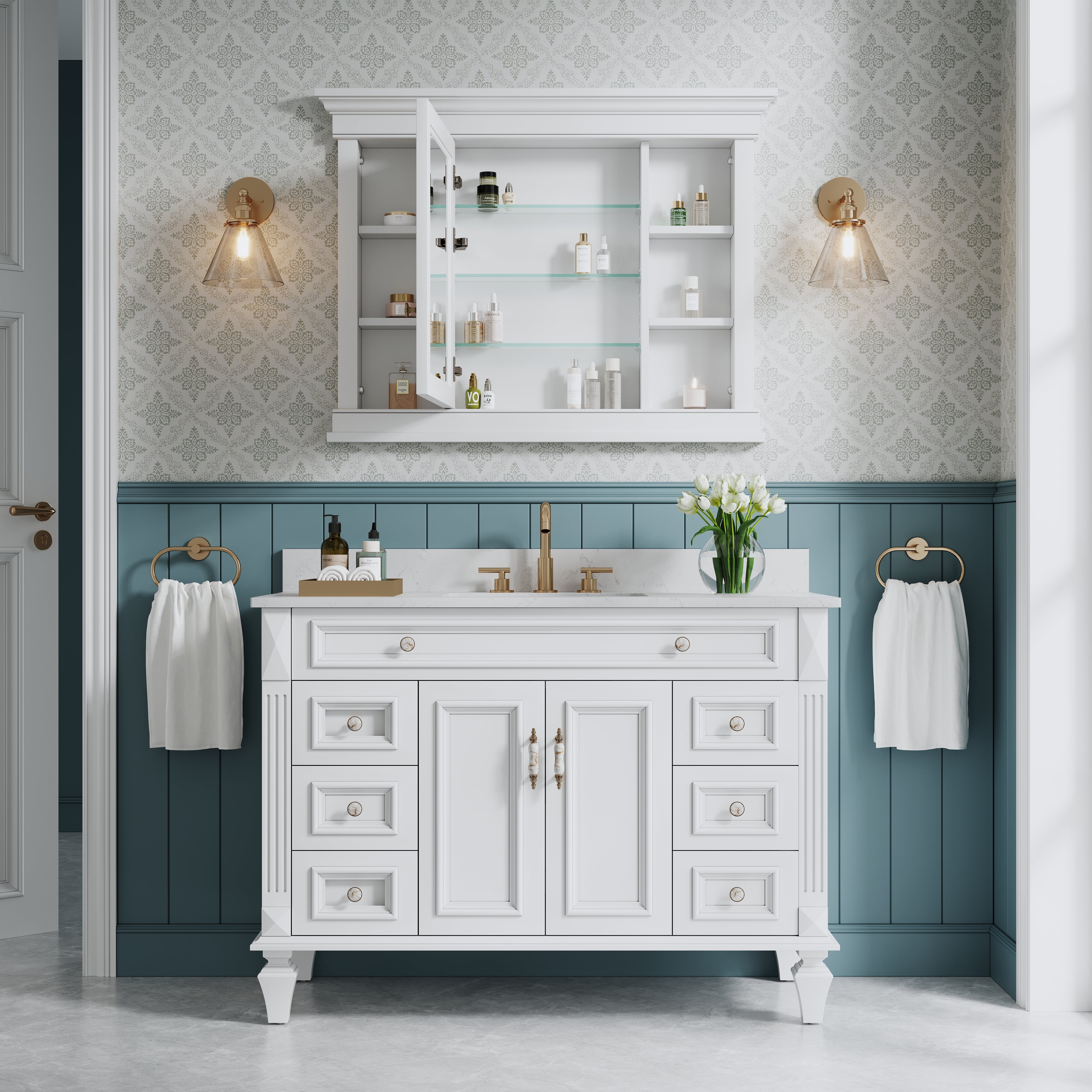 42 in. W x 32 in. H White Recessed installation Bathroom Medicine Wood Cabinet with Mirror