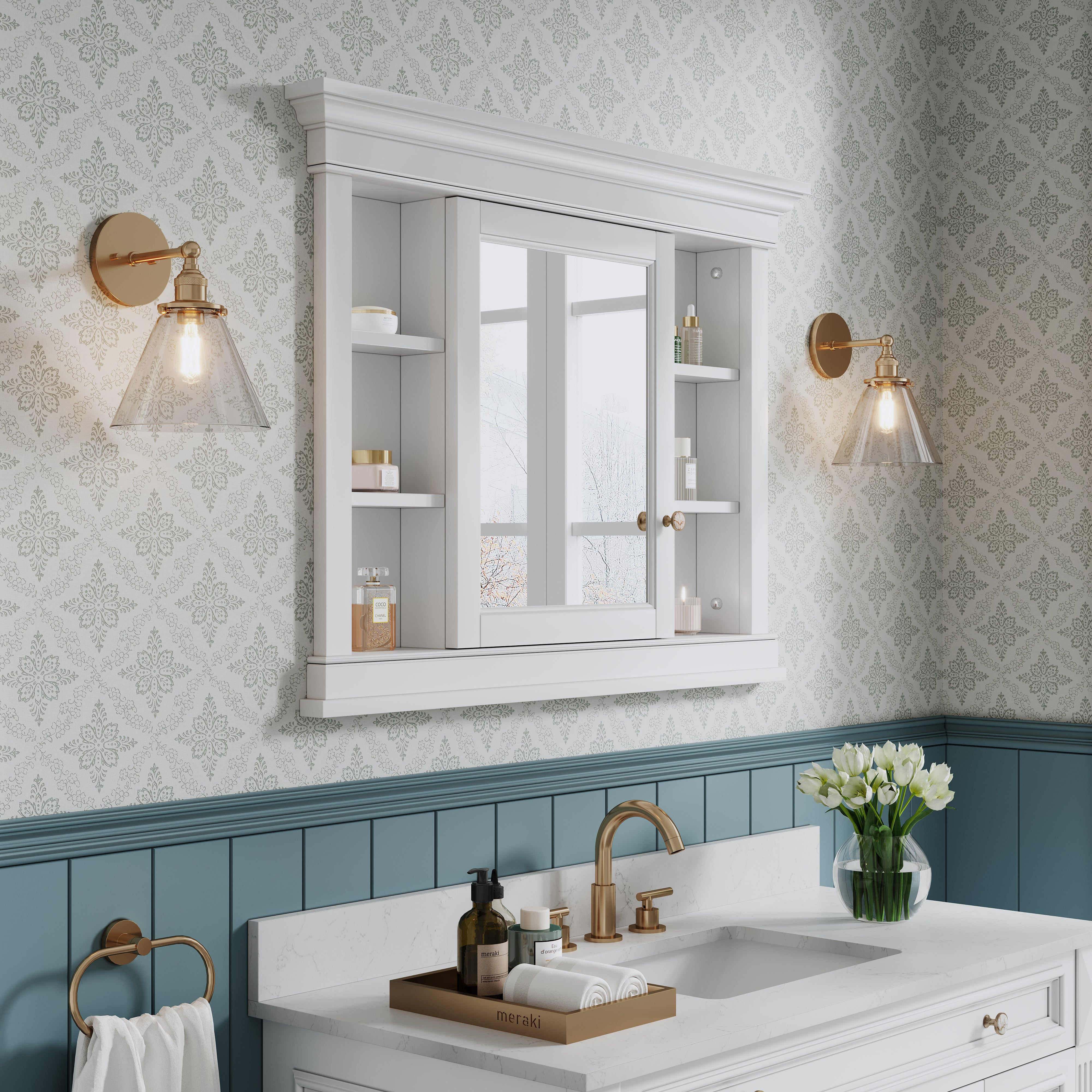 42 in. W x 32 in. H White Recessed installation Bathroom Medicine Wood Cabinet with Mirror