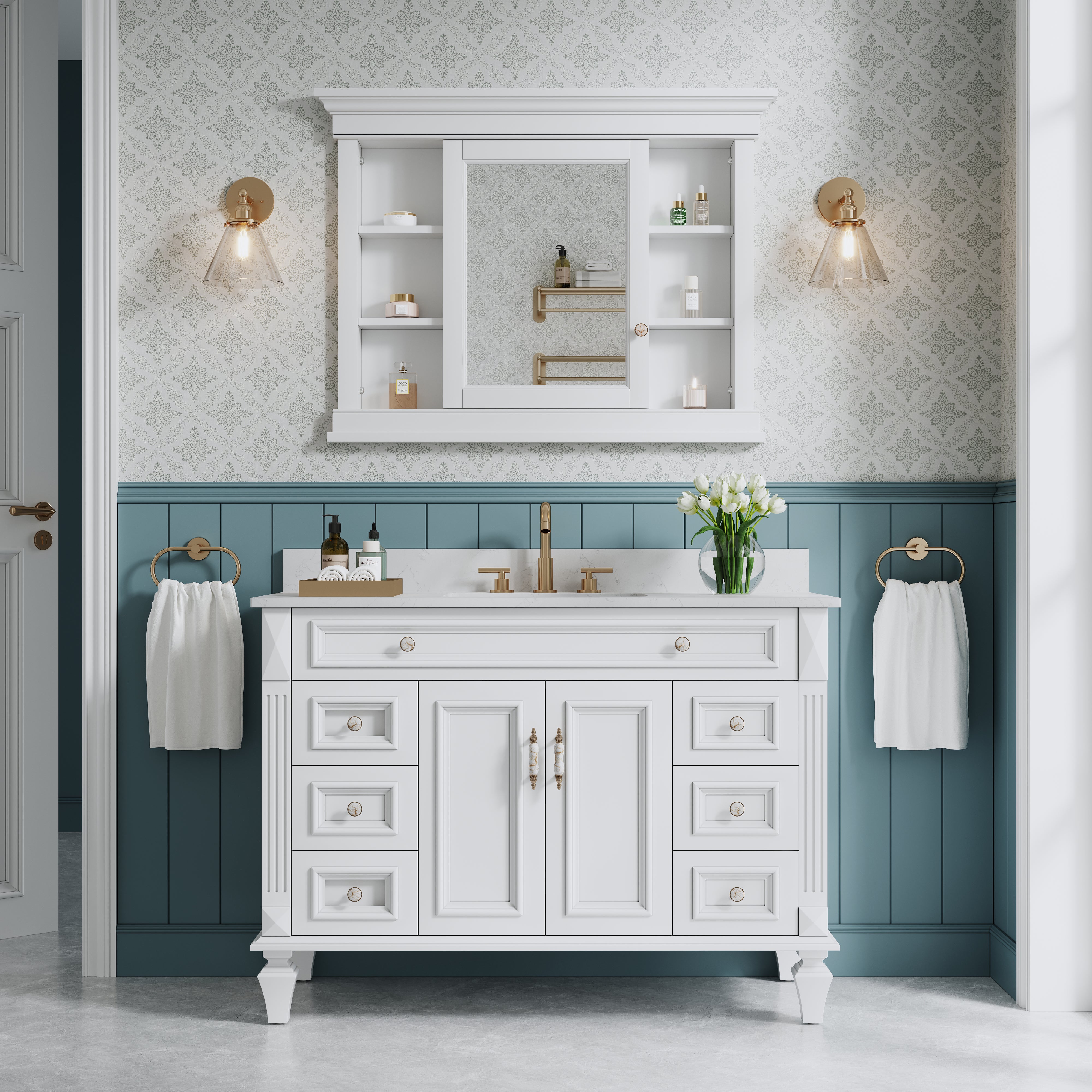 42 in. W x 32 in. H White Recessed installation Bathroom Medicine Wood Cabinet with Mirror