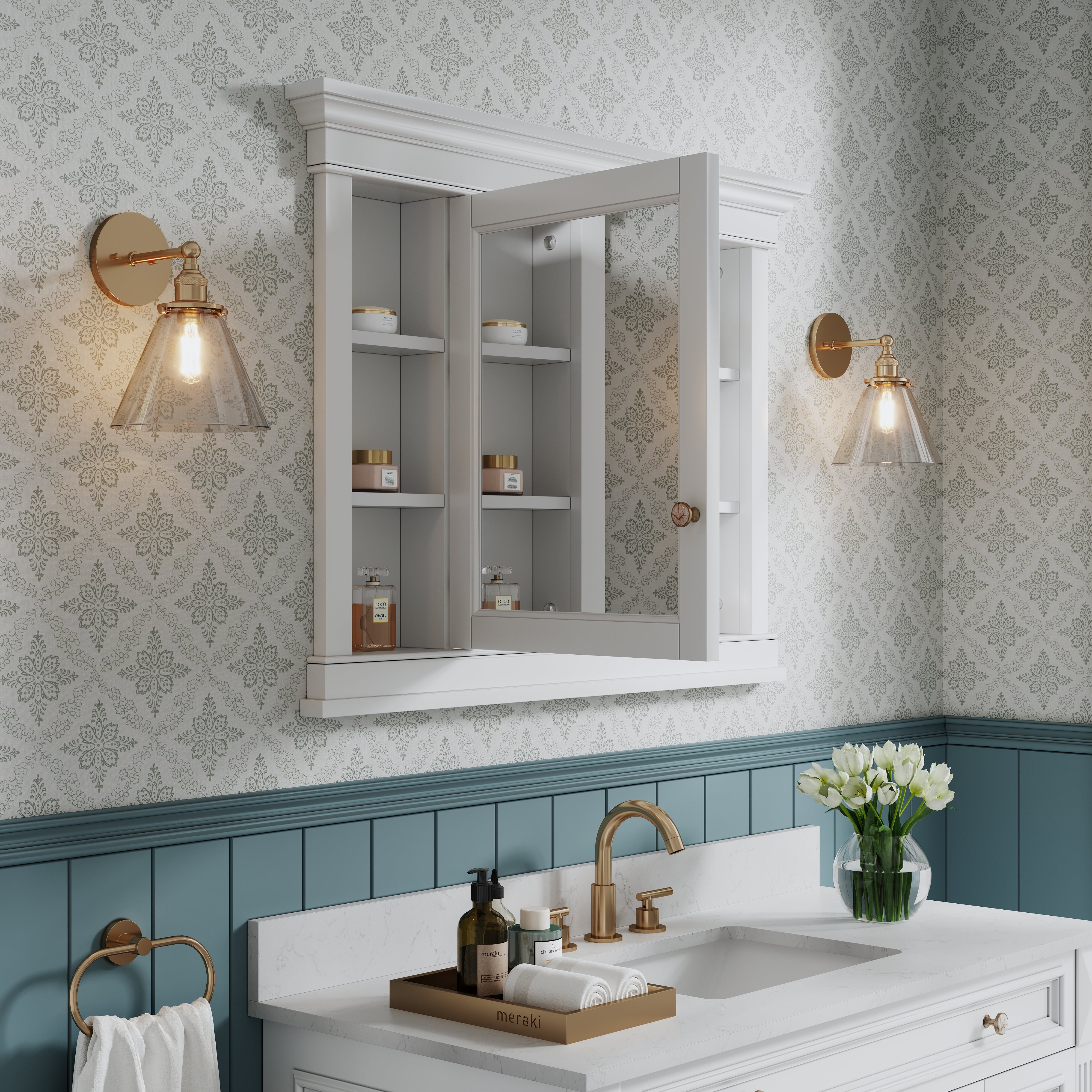 42 in. W x 32 in. H White Recessed installation Bathroom Medicine Wood Cabinet with Mirror