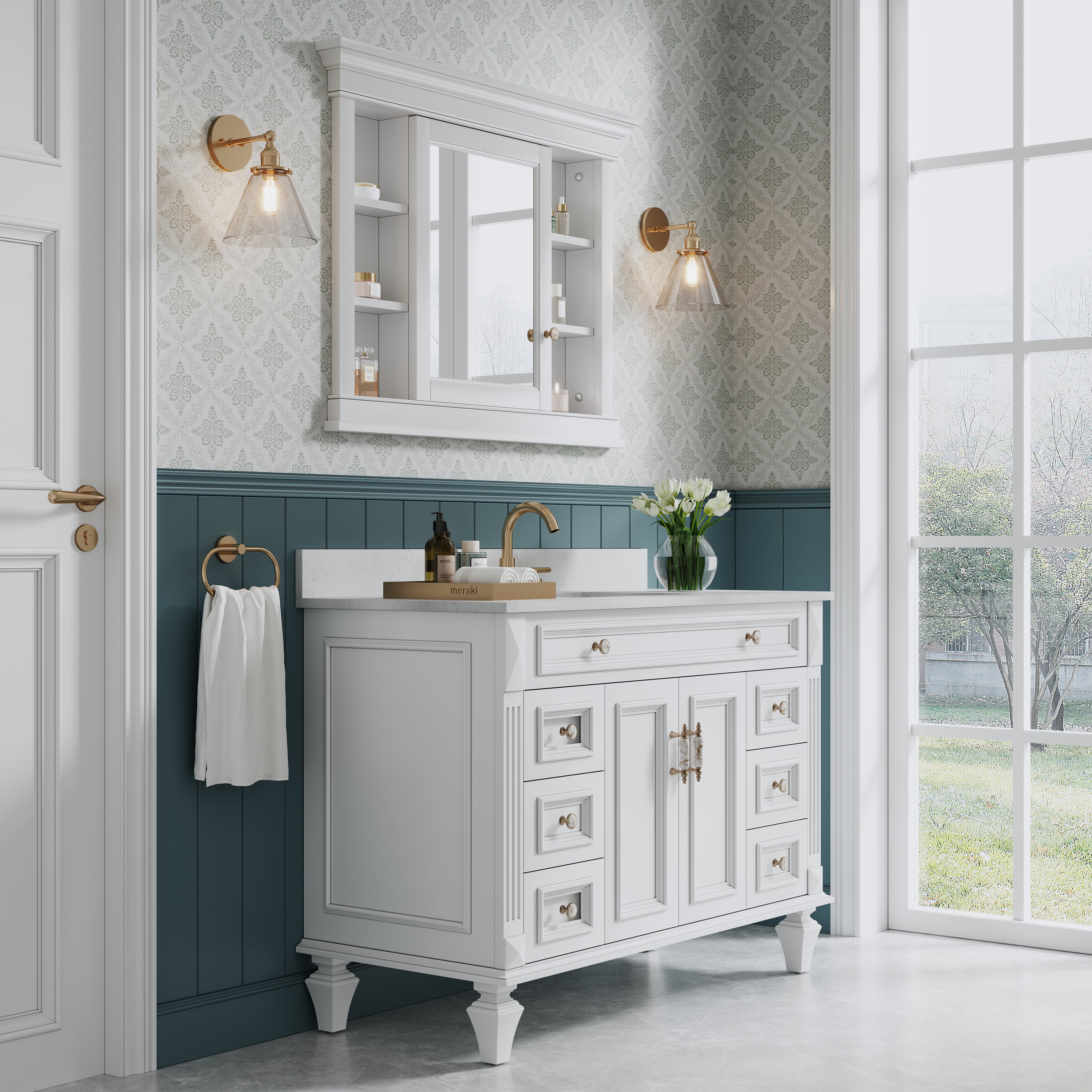 42 in. W x 32 in. H White Recessed installation Bathroom Medicine Wood Cabinet with Mirror