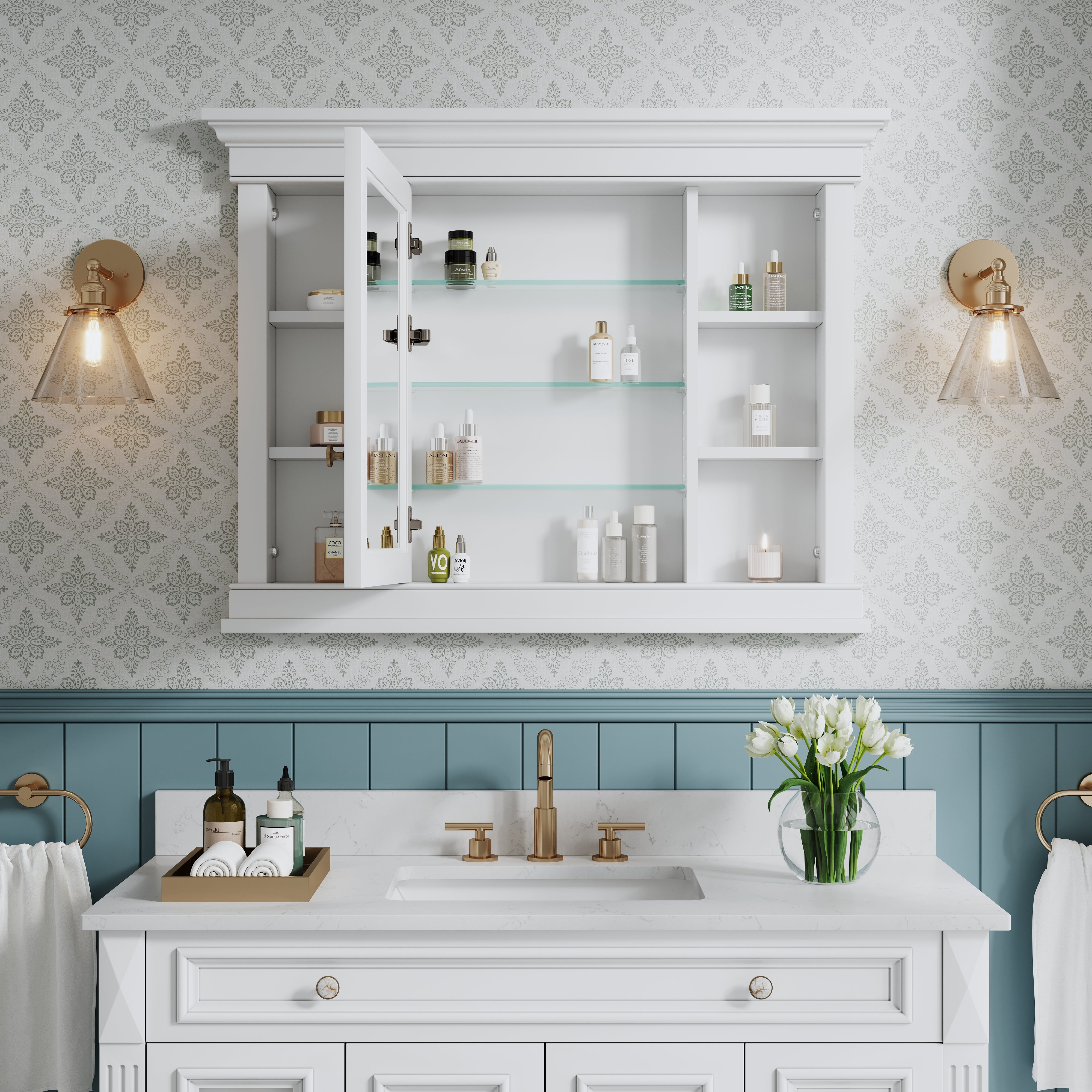 42 in. W x 32 in. H White Recessed installation Bathroom Medicine Wood Cabinet with Mirror