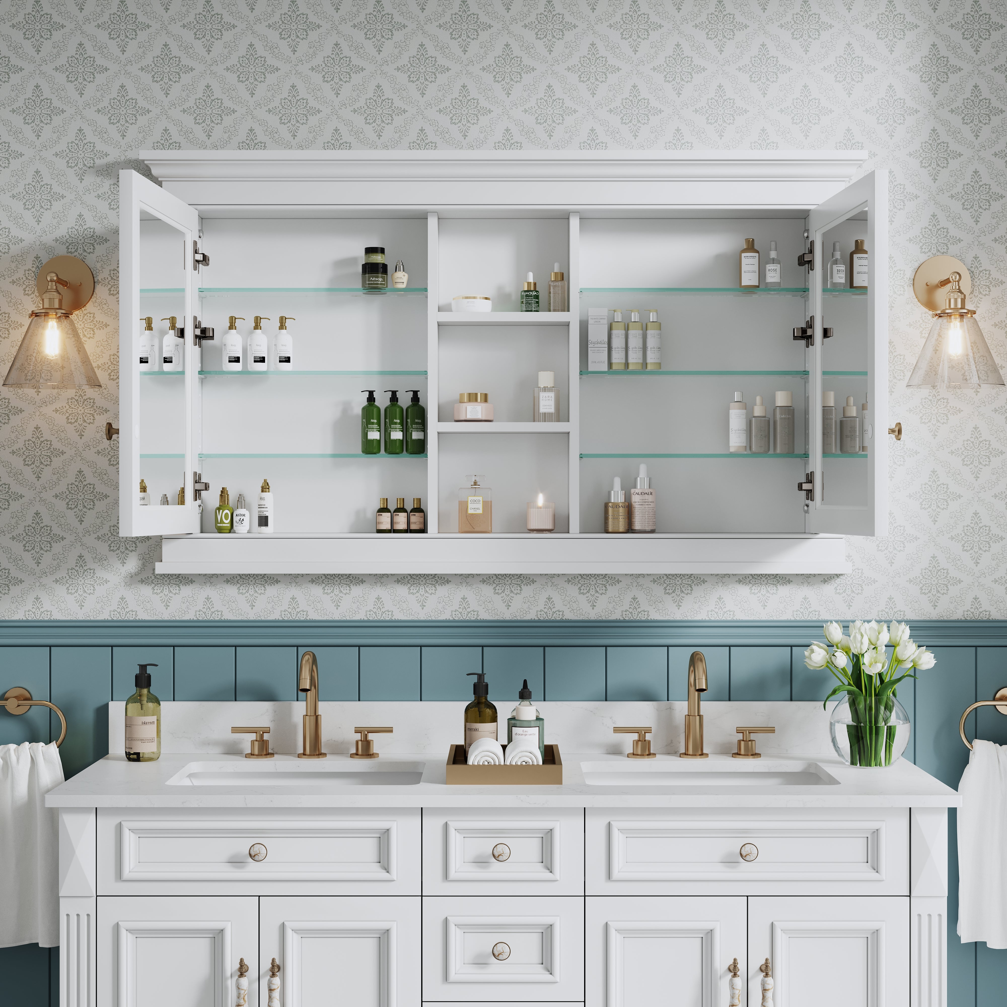 55 in. W x 32 in. H White Recessed installation Bathroom Medicine Wood Cabinet with Mirror
