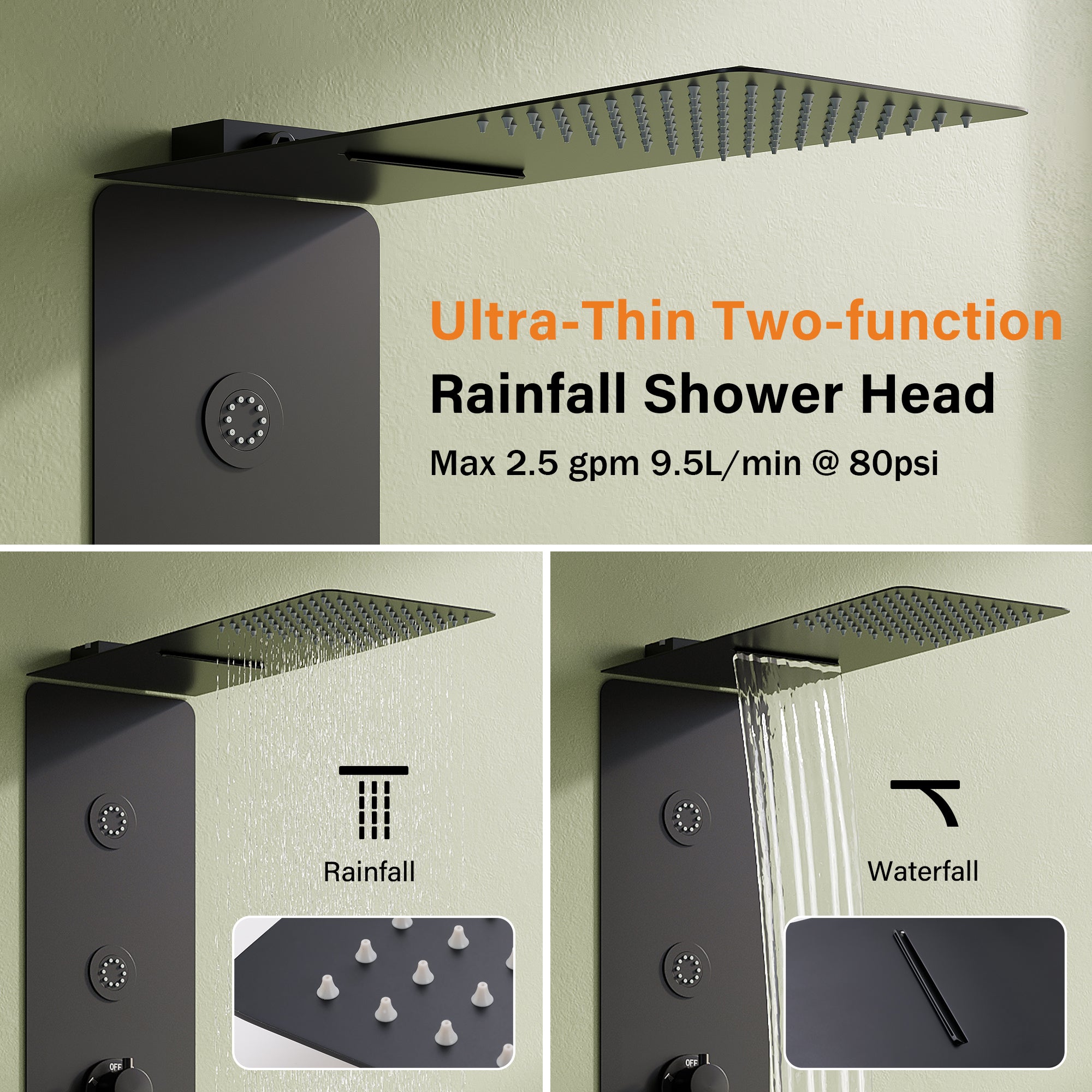 Stainless Steel Shower System with Ultra-Thin Dual-Function Rainfall Head, Handheld, Body Jets