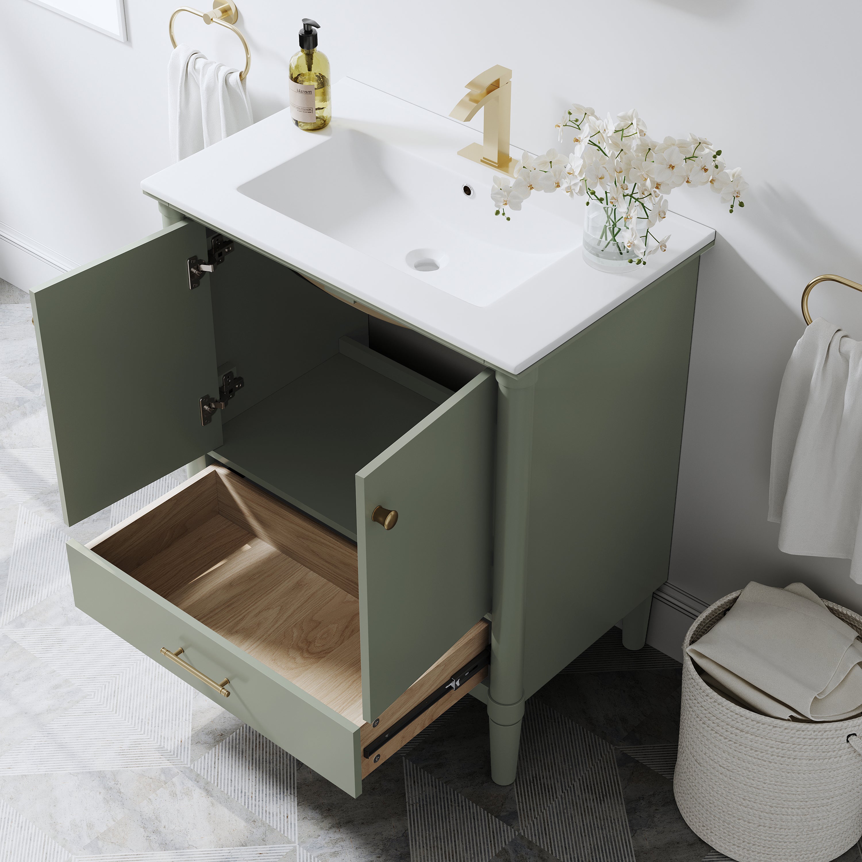 30 inch Solid Wood Freestanding Bathroom Vanity with Single Sink and Soft-Closing Doors, Green