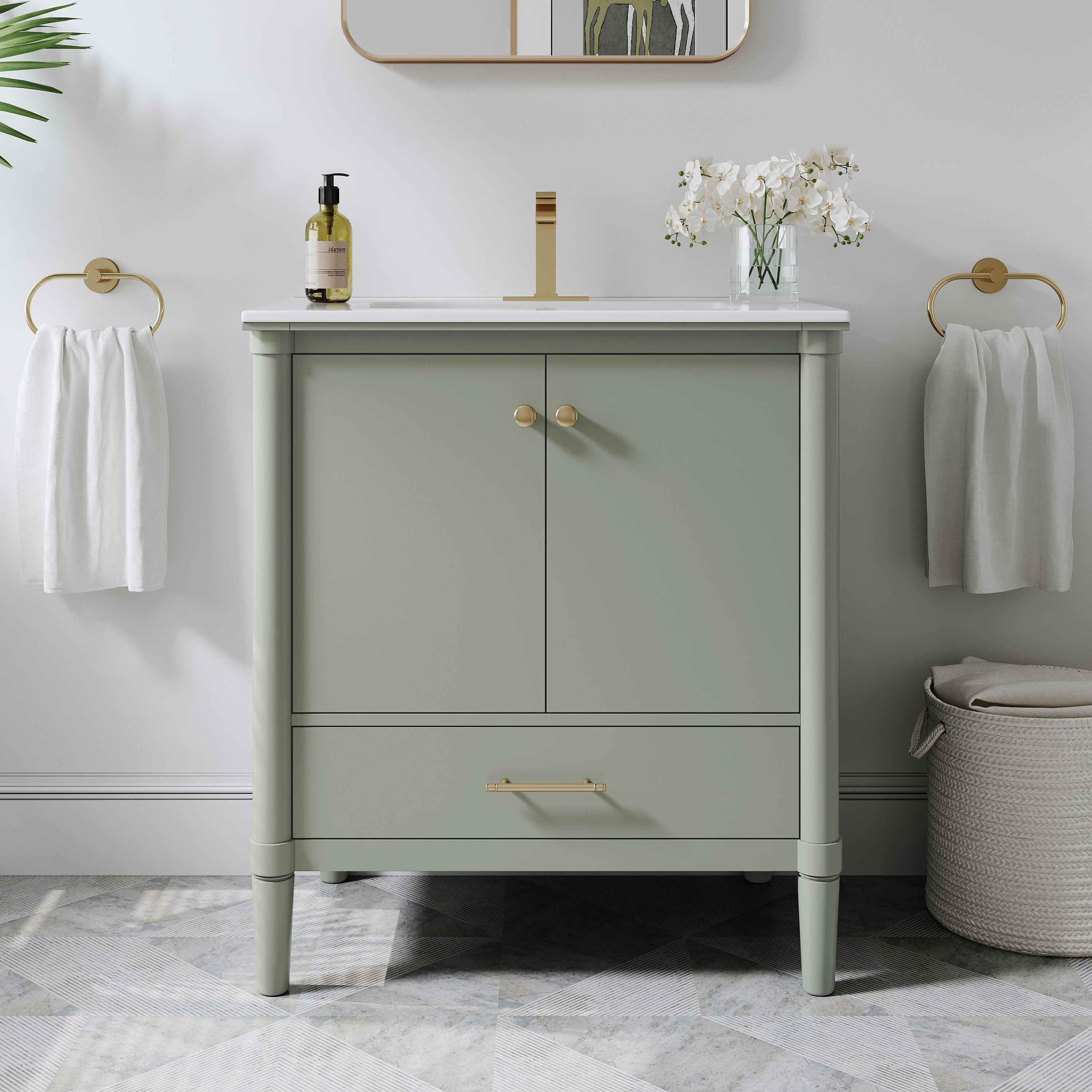 30 inch Solid Wood Freestanding Bathroom Vanity with Single Sink and Soft-Closing Doors, Green