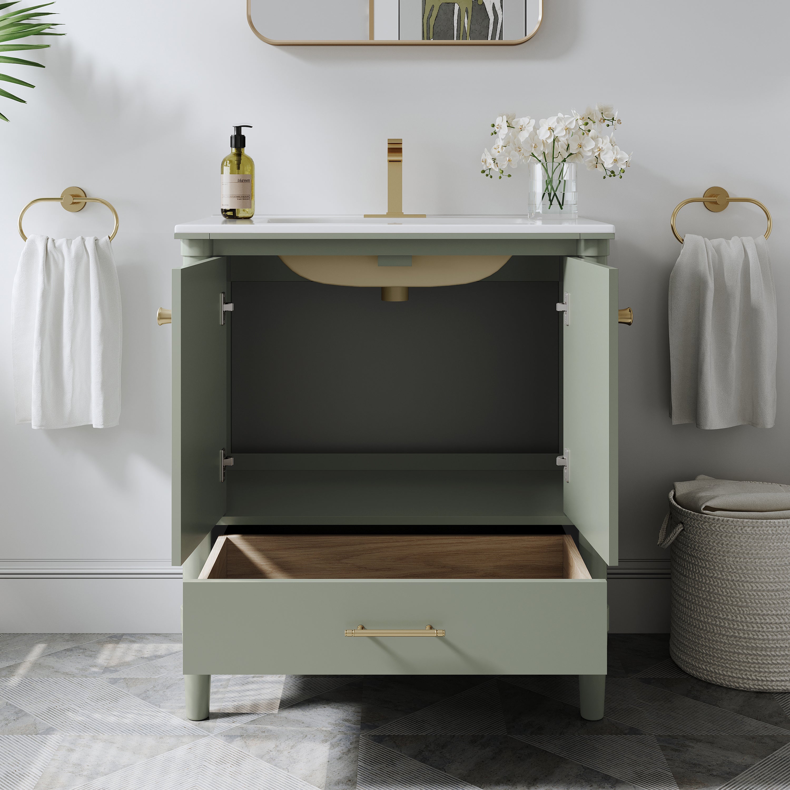 30 inch Solid Wood Freestanding Bathroom Vanity with Single Sink and Soft-Closing Doors, Green