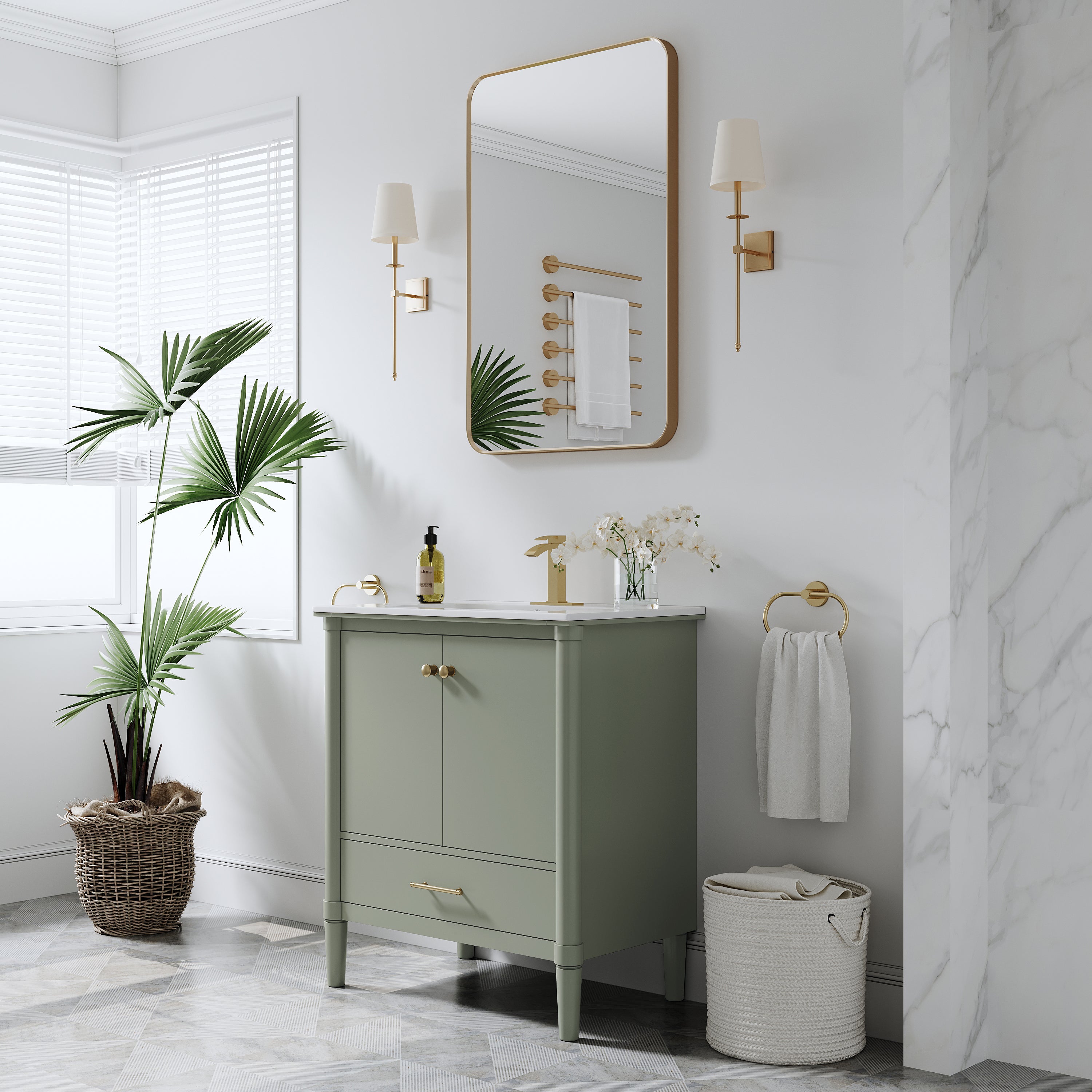 30 inch Solid Wood Freestanding Bathroom Vanity with Single Sink and Soft-Closing Doors, Green