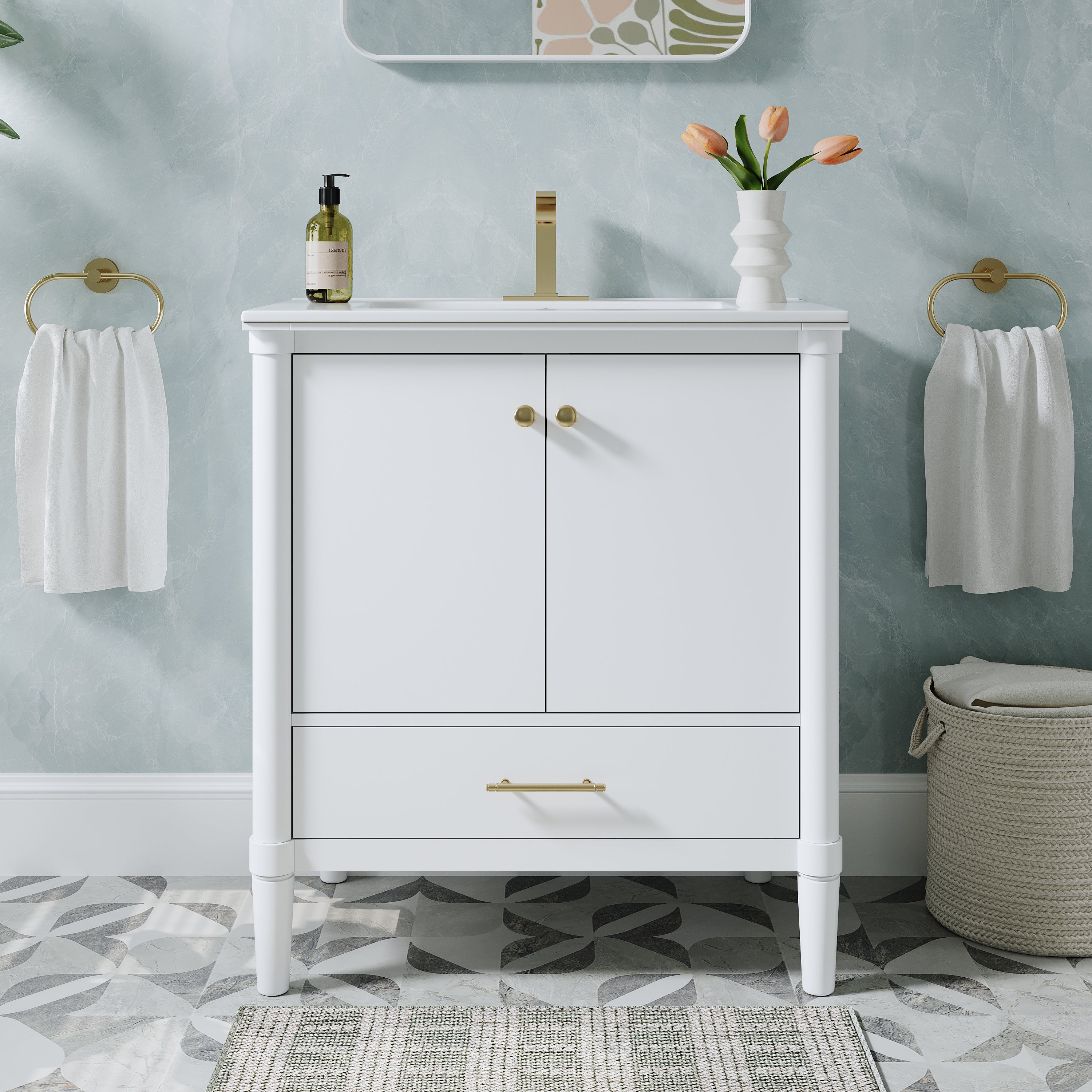 30 inch Solid Wood Freestanding Bathroom Vanity with Single Sink and Soft-Closing Doors, White