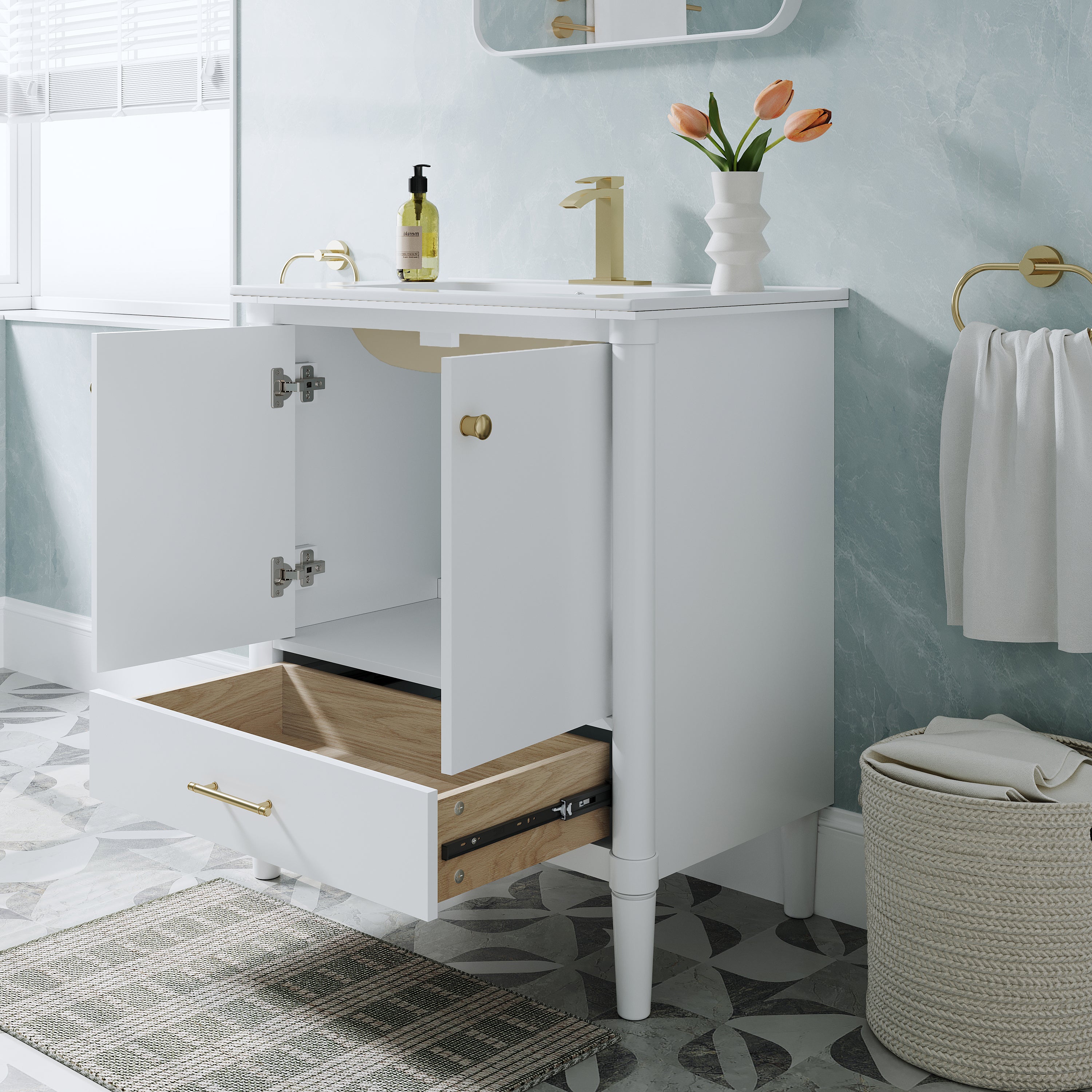 30 inch Solid Wood Freestanding Bathroom Vanity with Single Sink and Soft-Closing Doors, White
