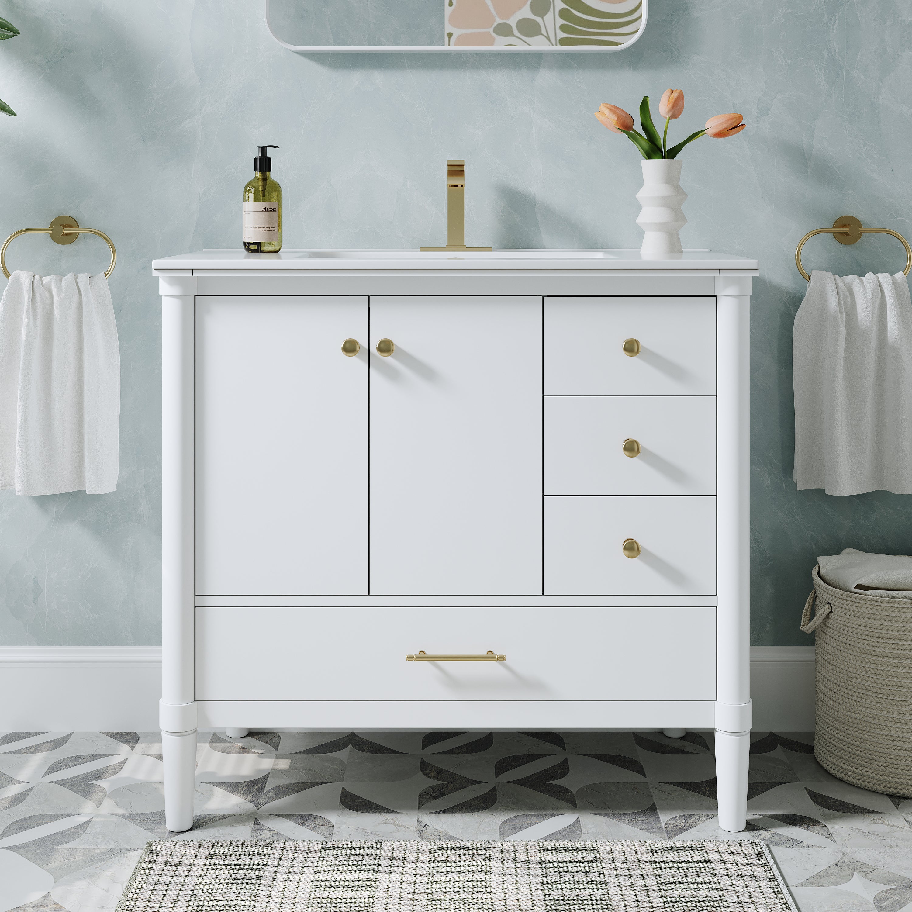 36 inch Solid Wood Freestanding Bathroom Vanity with Single Sink and Soft-Closing Doors, White