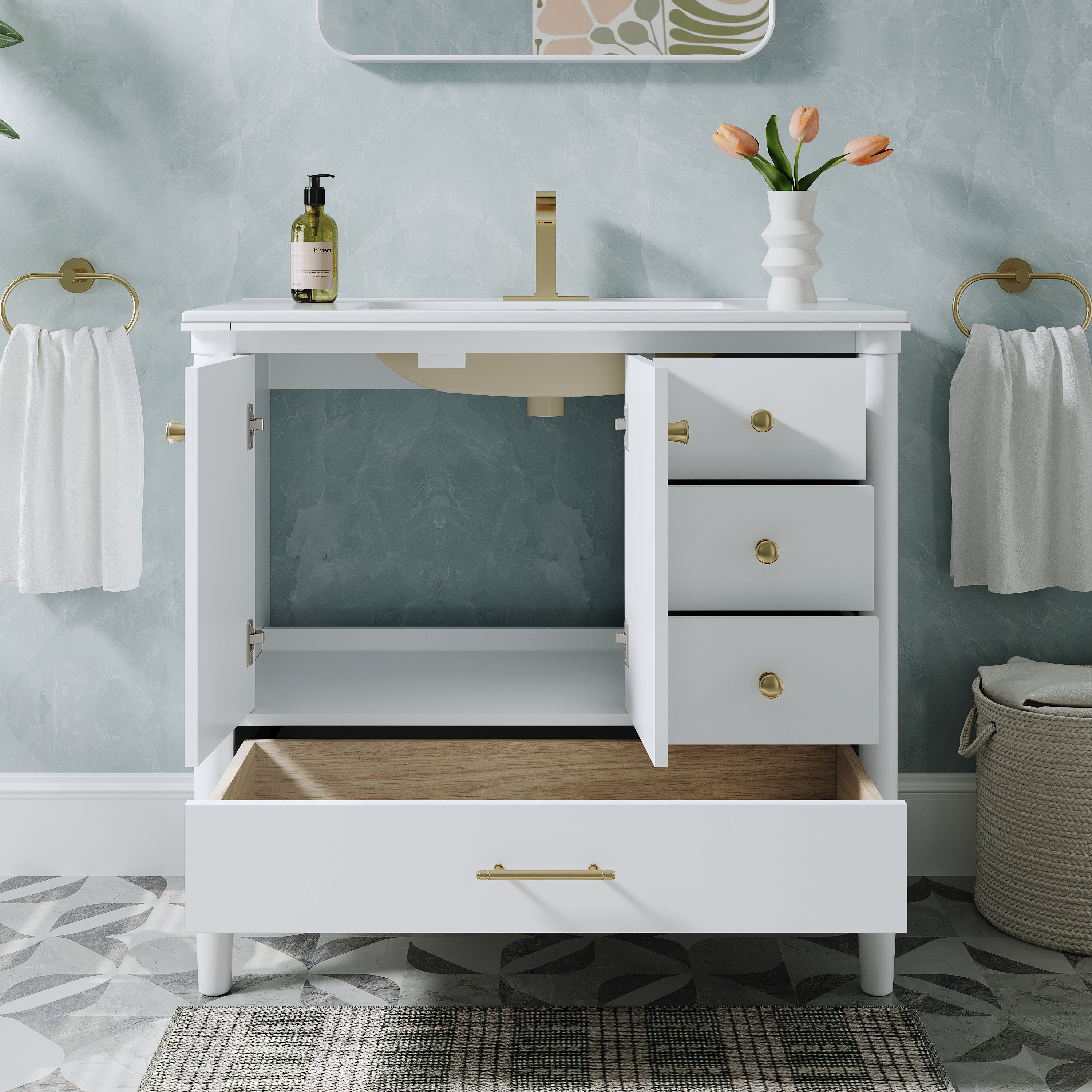 36 inch Solid Wood Freestanding Bathroom Vanity with Single Sink and Soft-Closing Doors, White