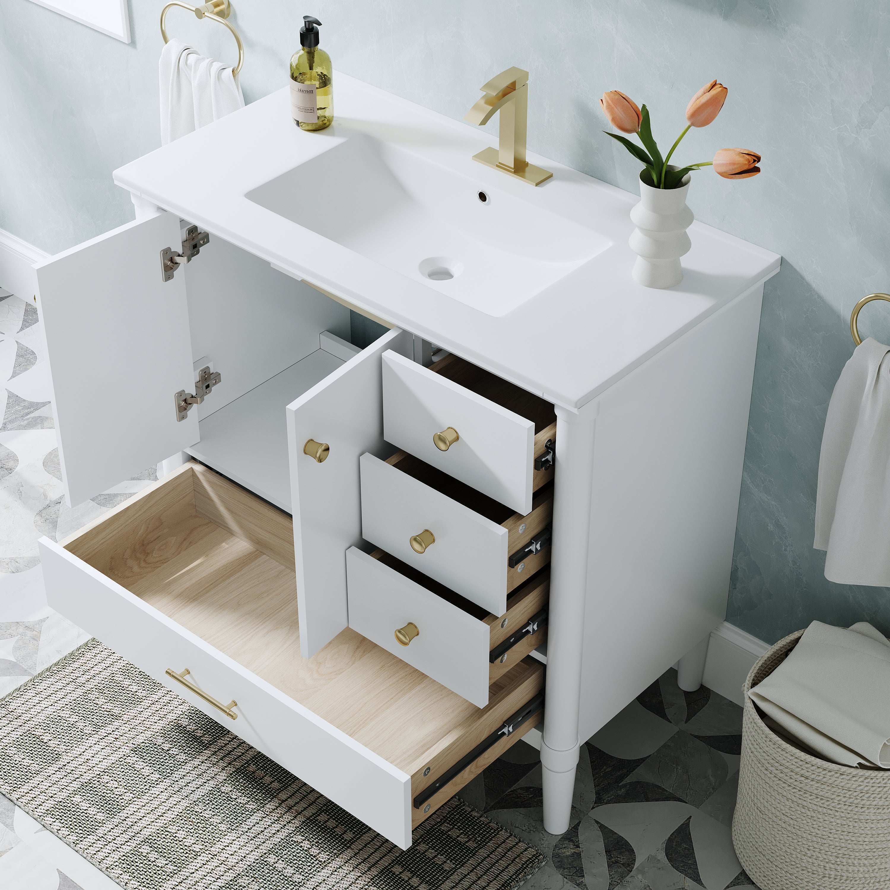 36 inch Solid Wood Freestanding Bathroom Vanity with Single Sink and Soft-Closing Doors, White