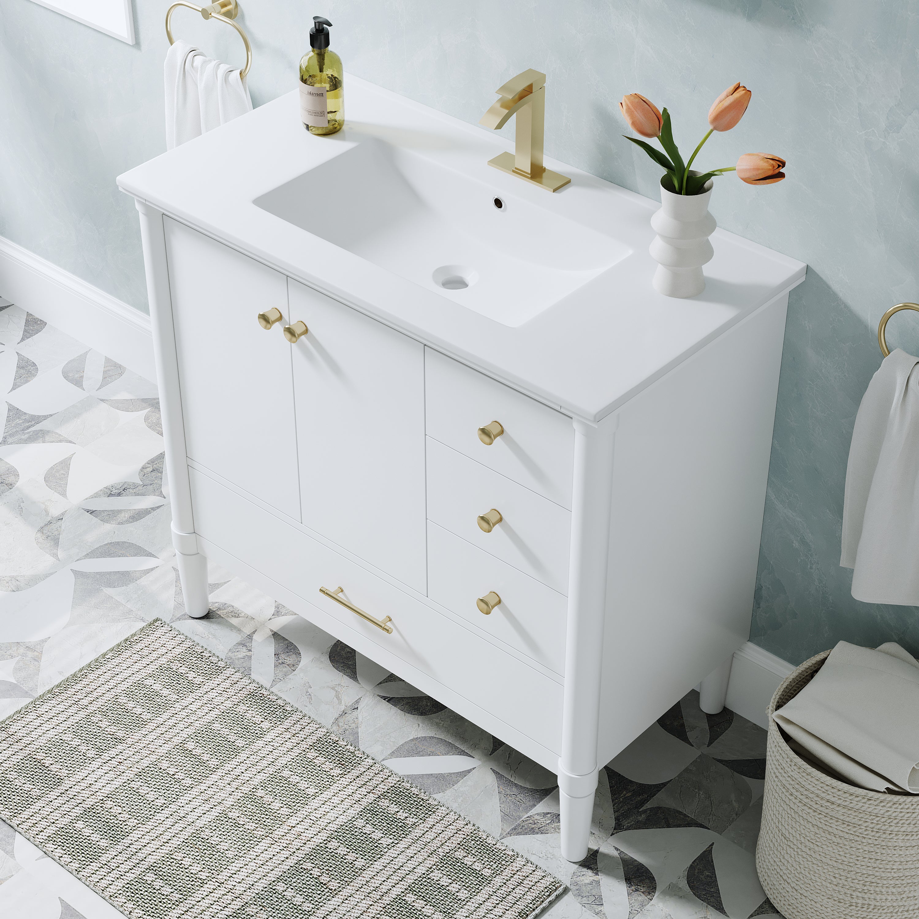 36 inch Solid Wood Freestanding Bathroom Vanity with Single Sink and Soft-Closing Doors, White