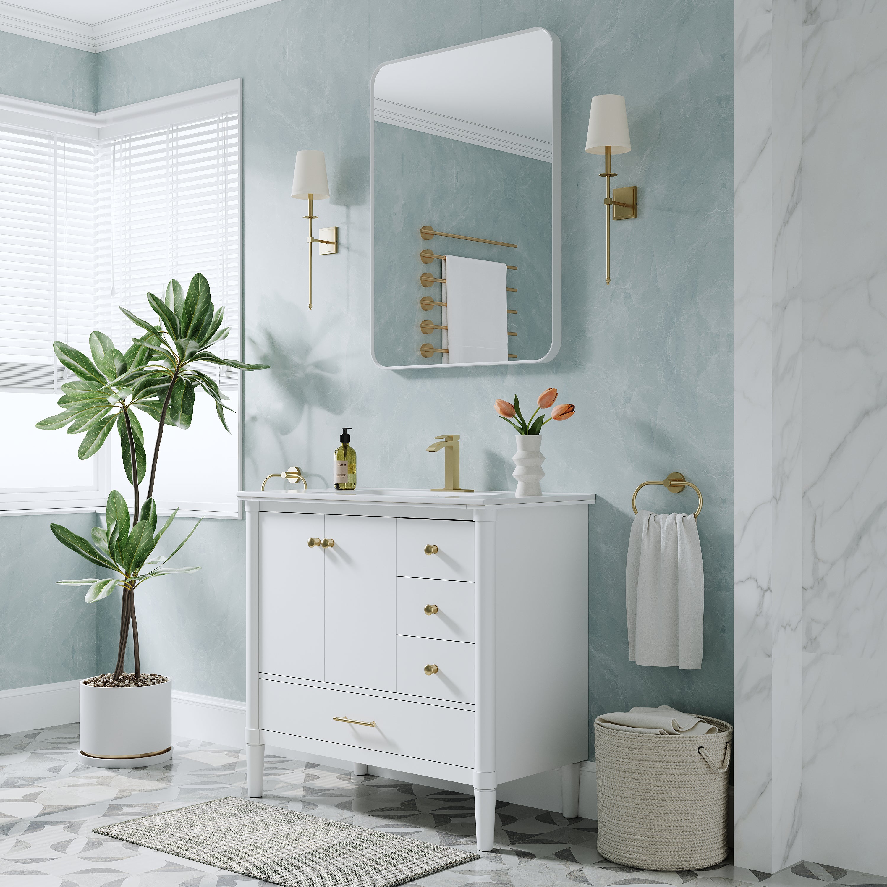36 inch Solid Wood Freestanding Bathroom Vanity with Single Sink and Soft-Closing Doors, White