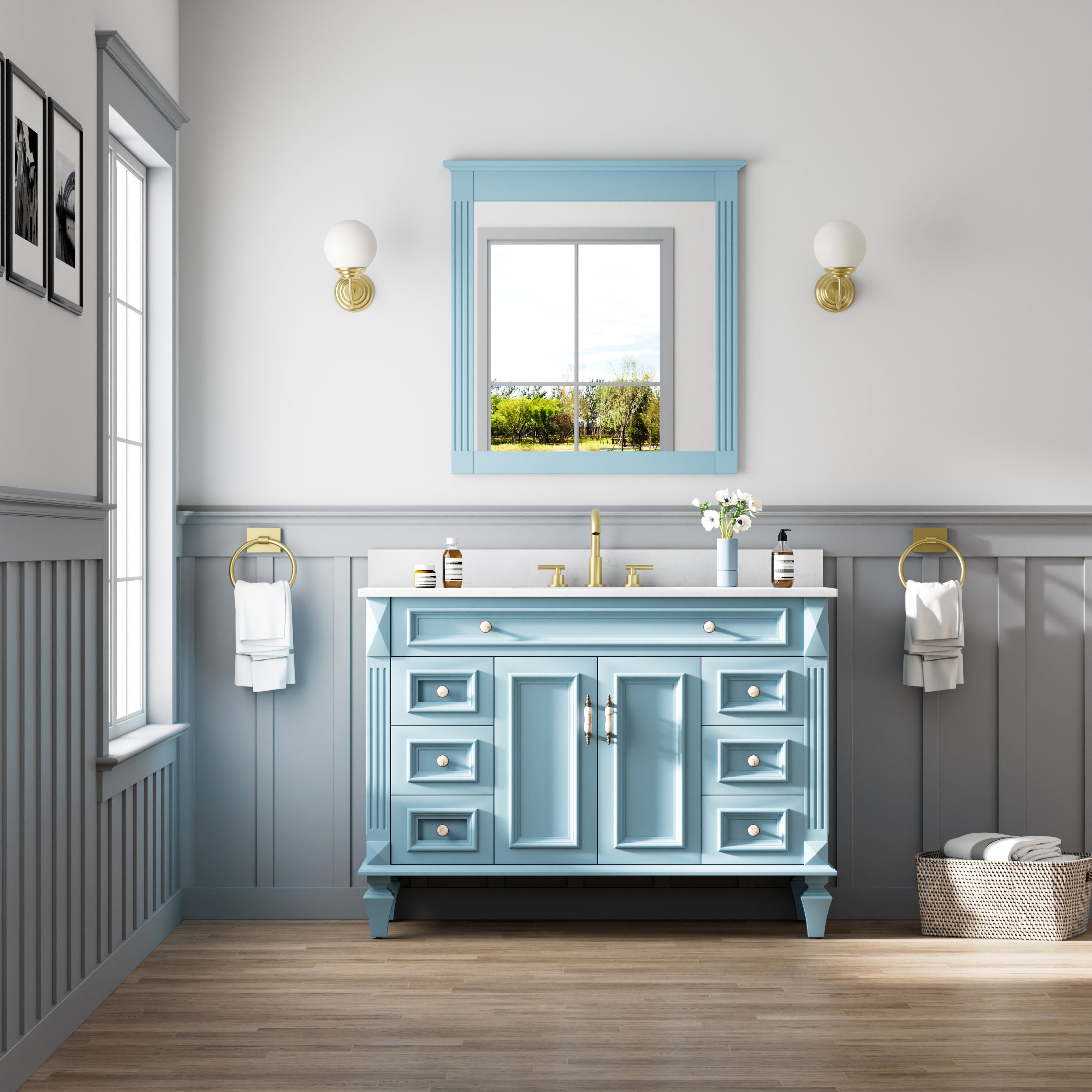 32 in. W x 33 in. H Wall-Mounted Wooden Framed Vanity Mirror Makeup Bathroom Wall Mirror