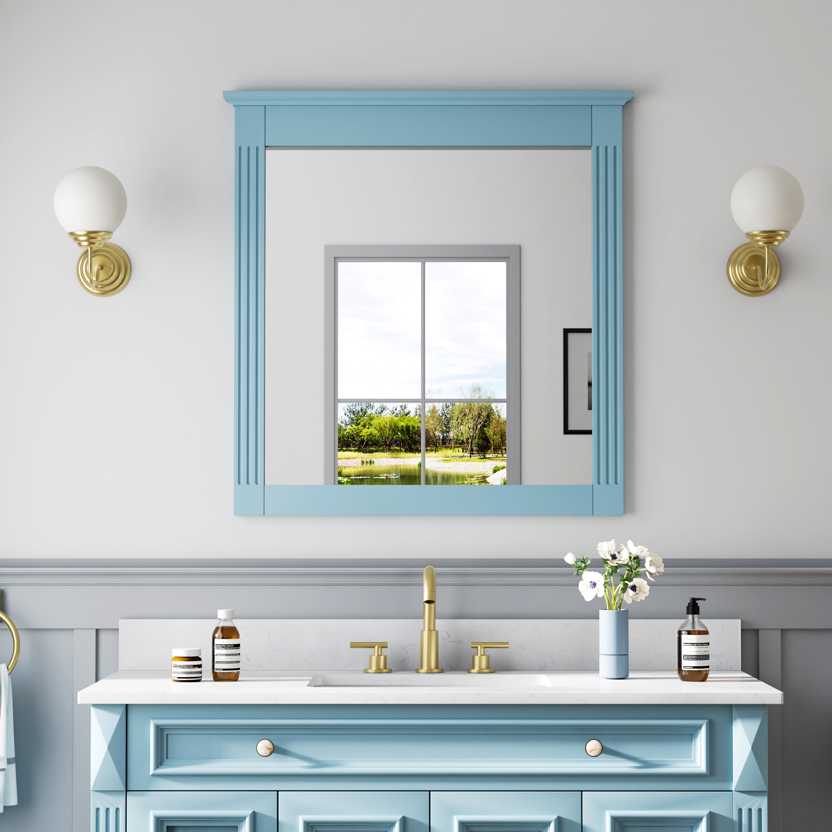 32 in. W x 33 in. H Wall-Mounted Wooden Framed Vanity Mirror Makeup Bathroom Wall Mirror