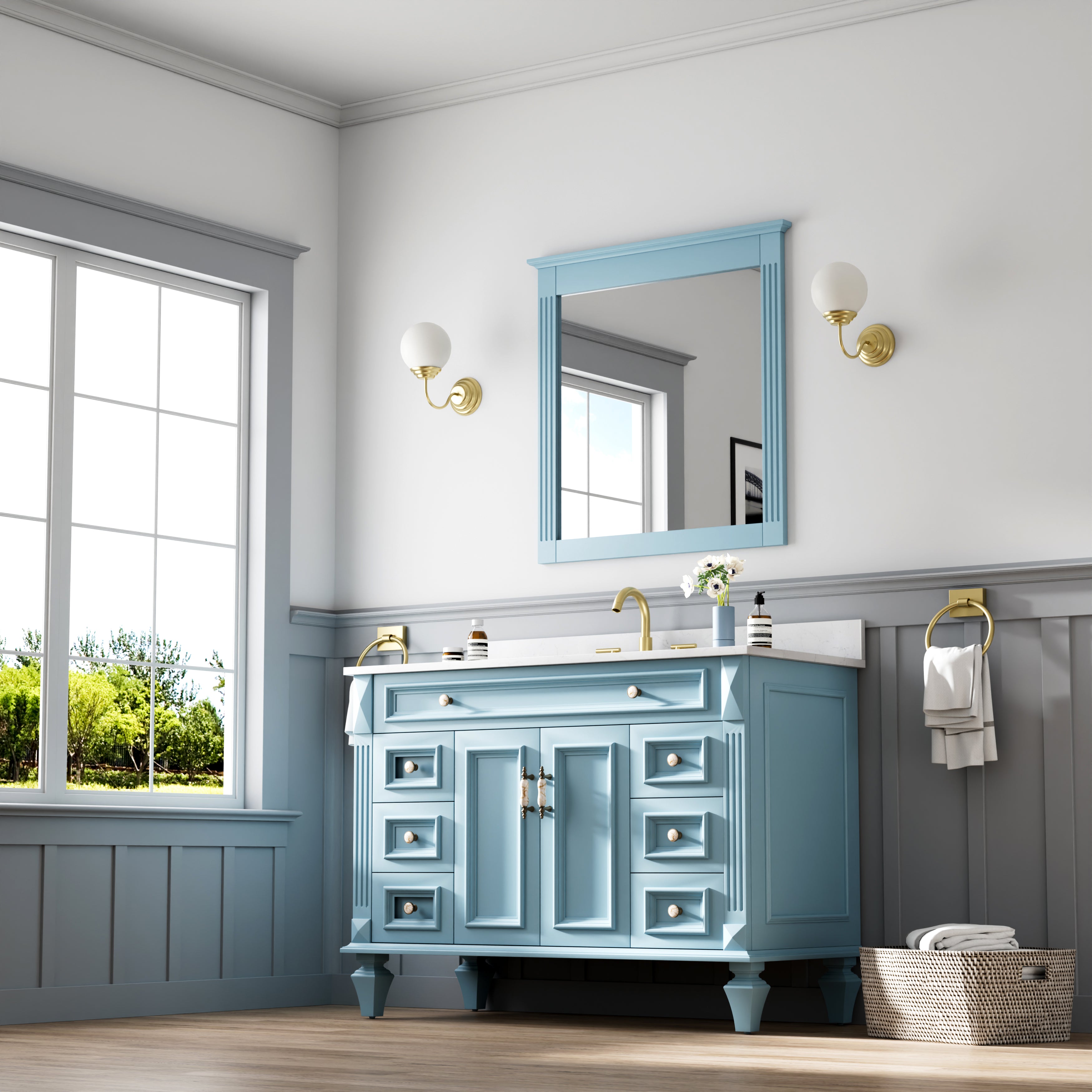 32 in. W x 33 in. H Wall-Mounted Wooden Framed Vanity Mirror Makeup Bathroom Wall Mirror
