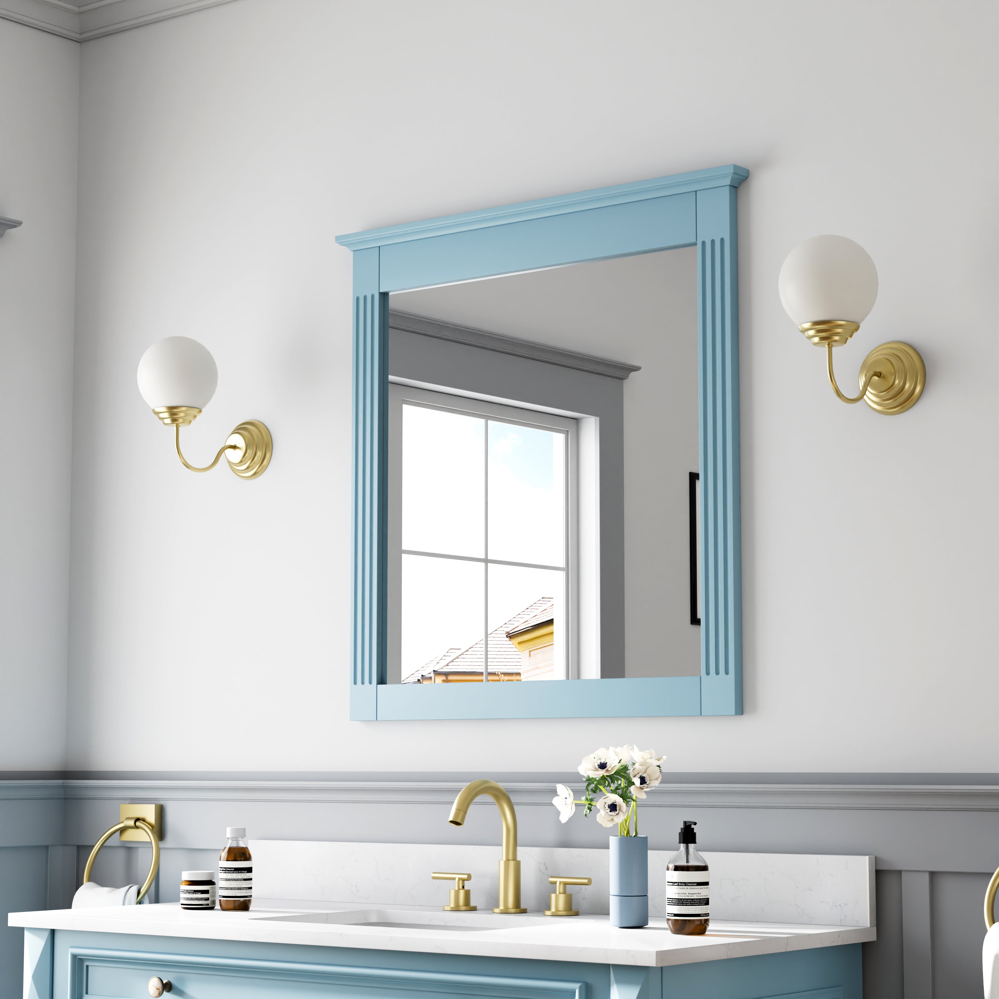 32 in. W x 33 in. H Wall-Mounted Wooden Framed Vanity Mirror Makeup Bathroom Wall Mirror
