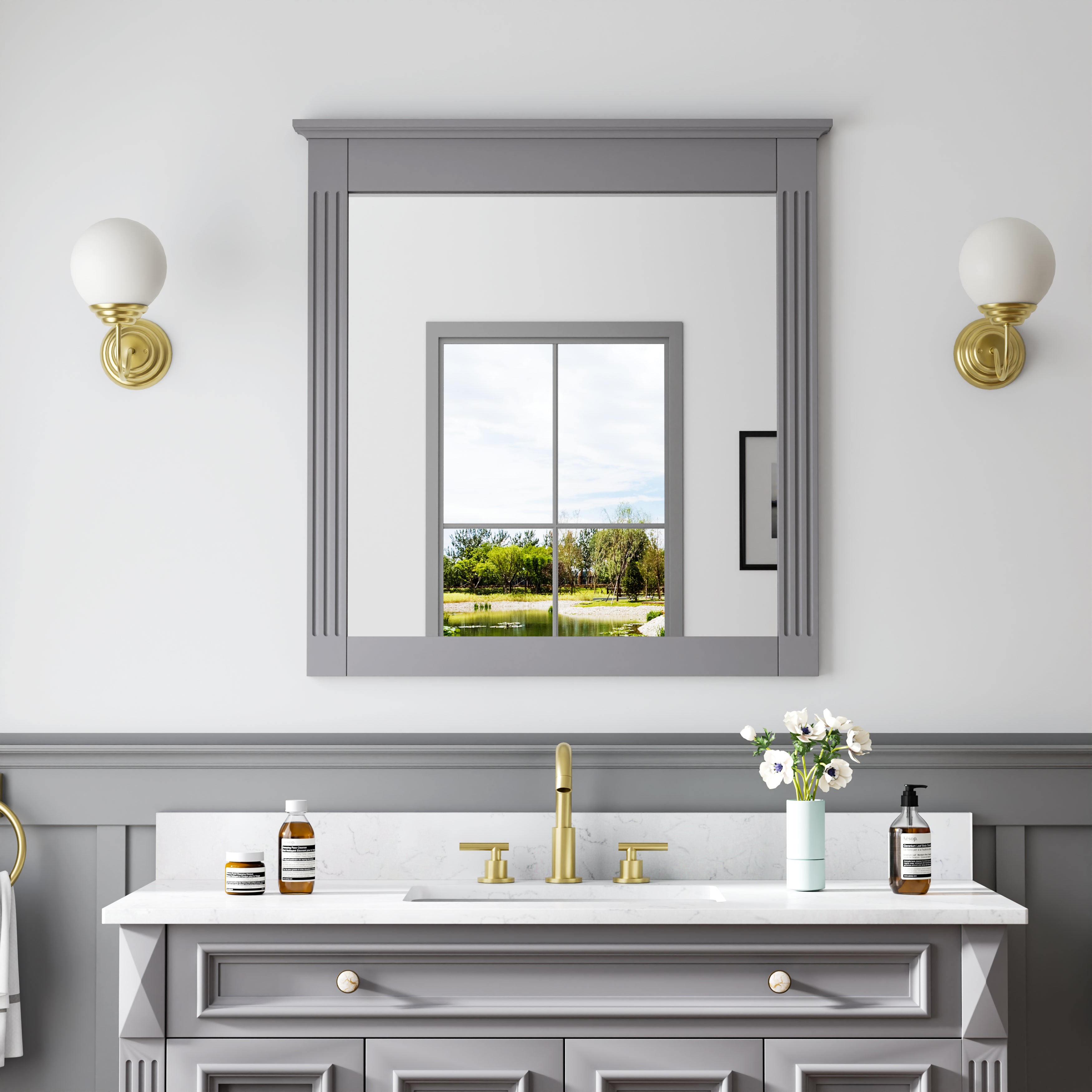 32 in. W x 33 in. H Wall-Mounted Wooden Framed Vanity Mirror Makeup Bathroom Wall Mirror