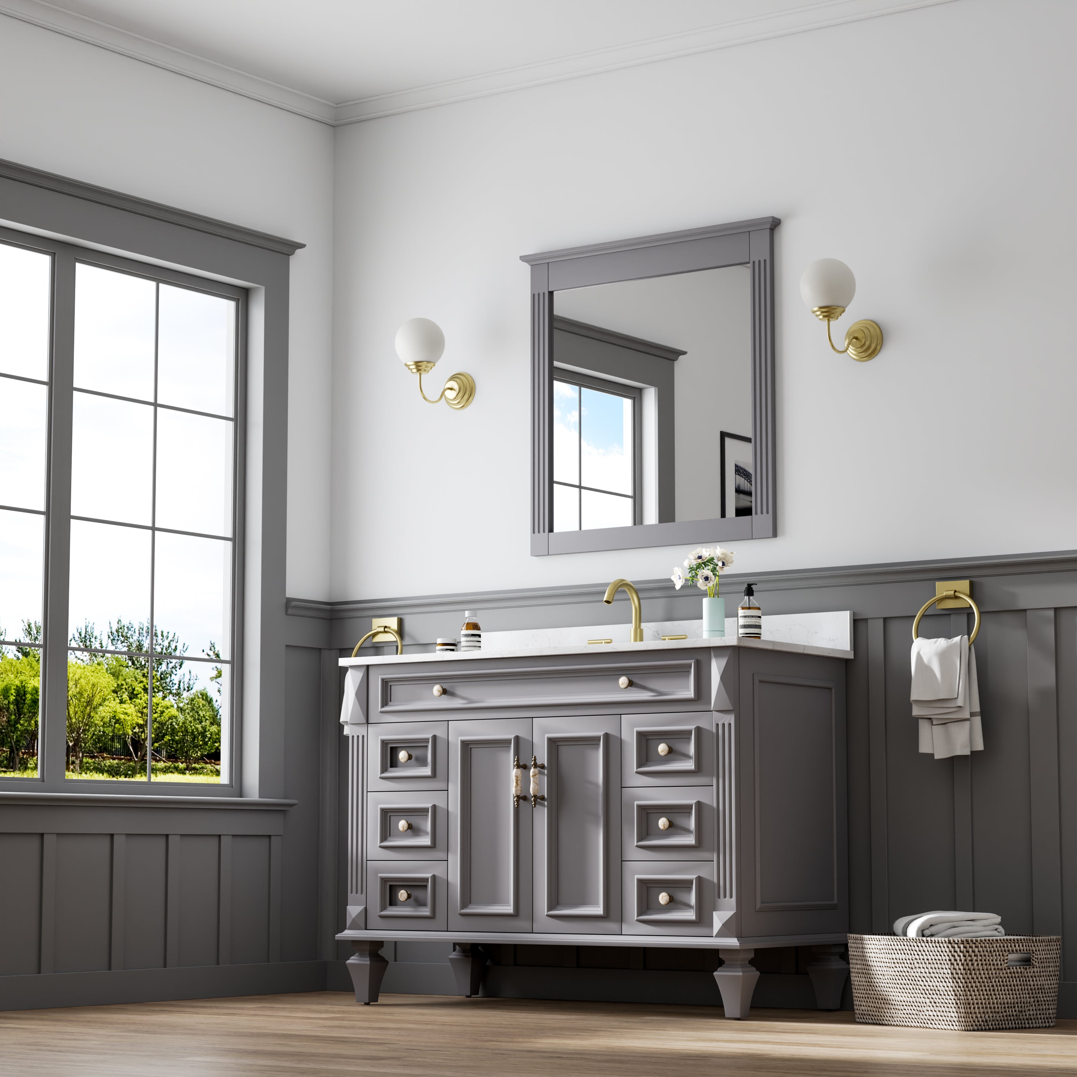 32 in. W x 33 in. H Wall-Mounted Wooden Framed Vanity Mirror Makeup Bathroom Wall Mirror