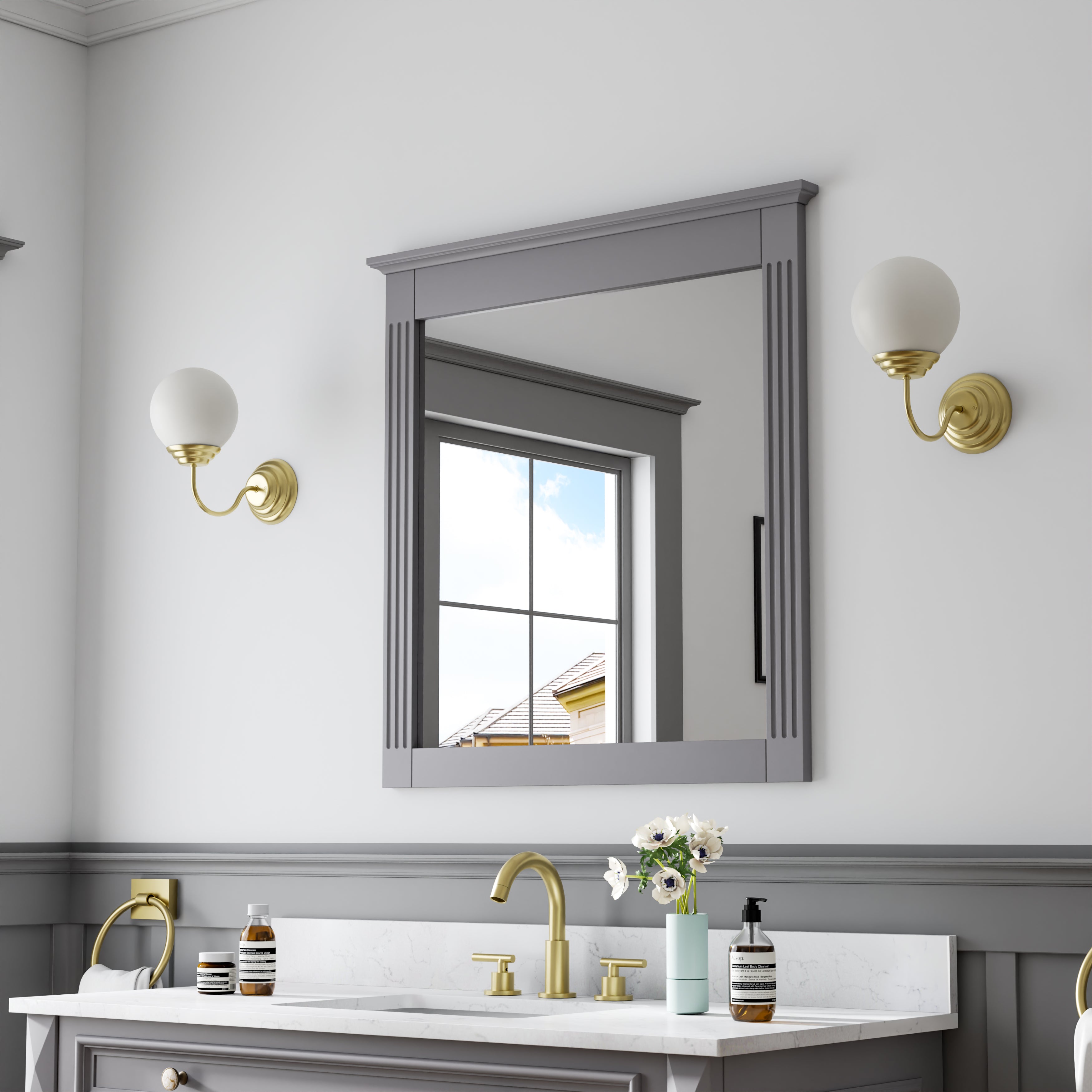 32 in. W x 33 in. H Wall-Mounted Wooden Framed Vanity Mirror Makeup Bathroom Wall Mirror