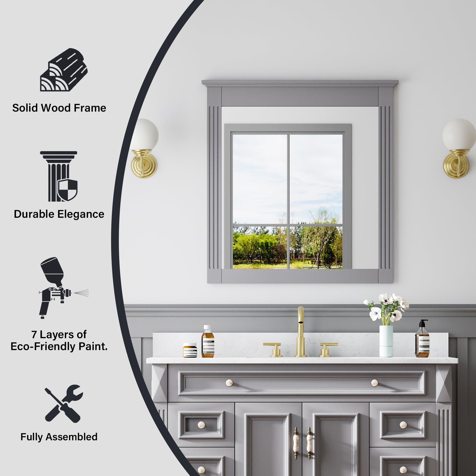 32 in. W x 33 in. H Wall-Mounted Wooden Framed Vanity Mirror Makeup Bathroom Wall Mirror