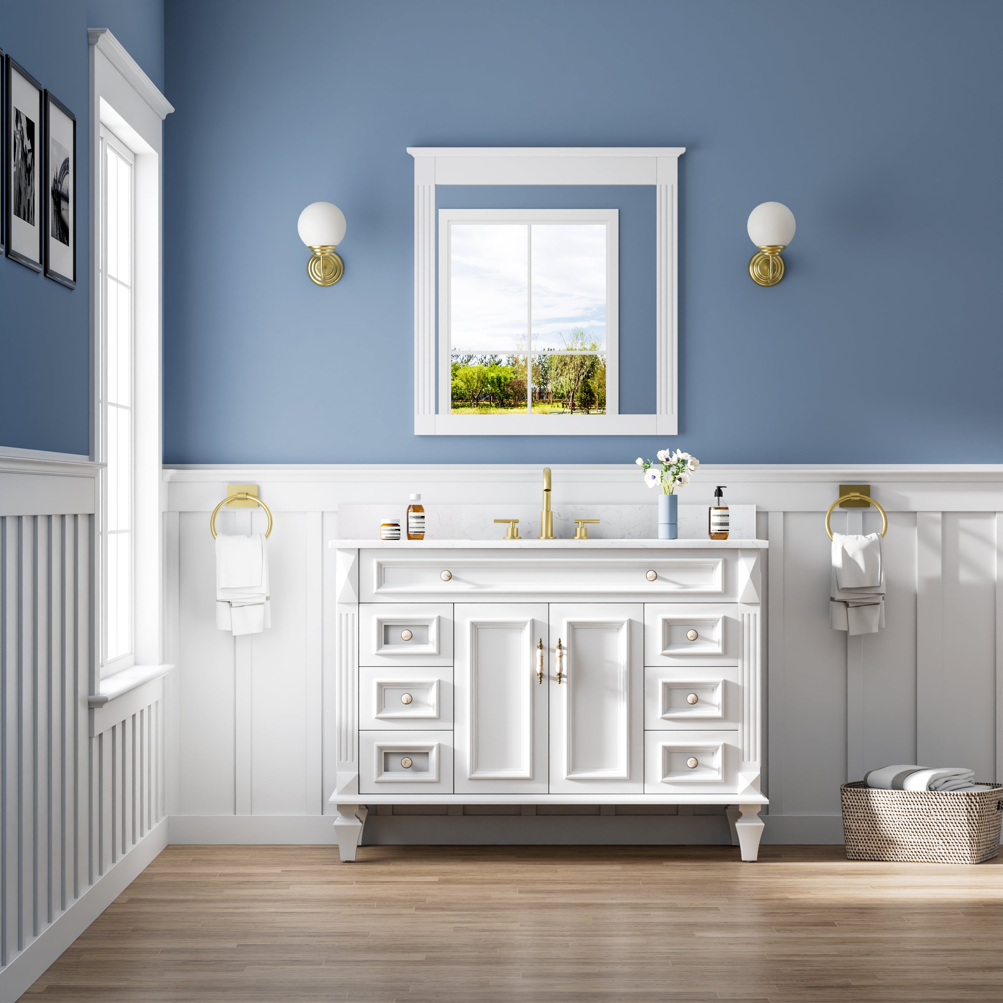 32 in. W x 33 in. H Wall-Mounted Wooden Framed Vanity Mirror Makeup Bathroom Wall Mirror