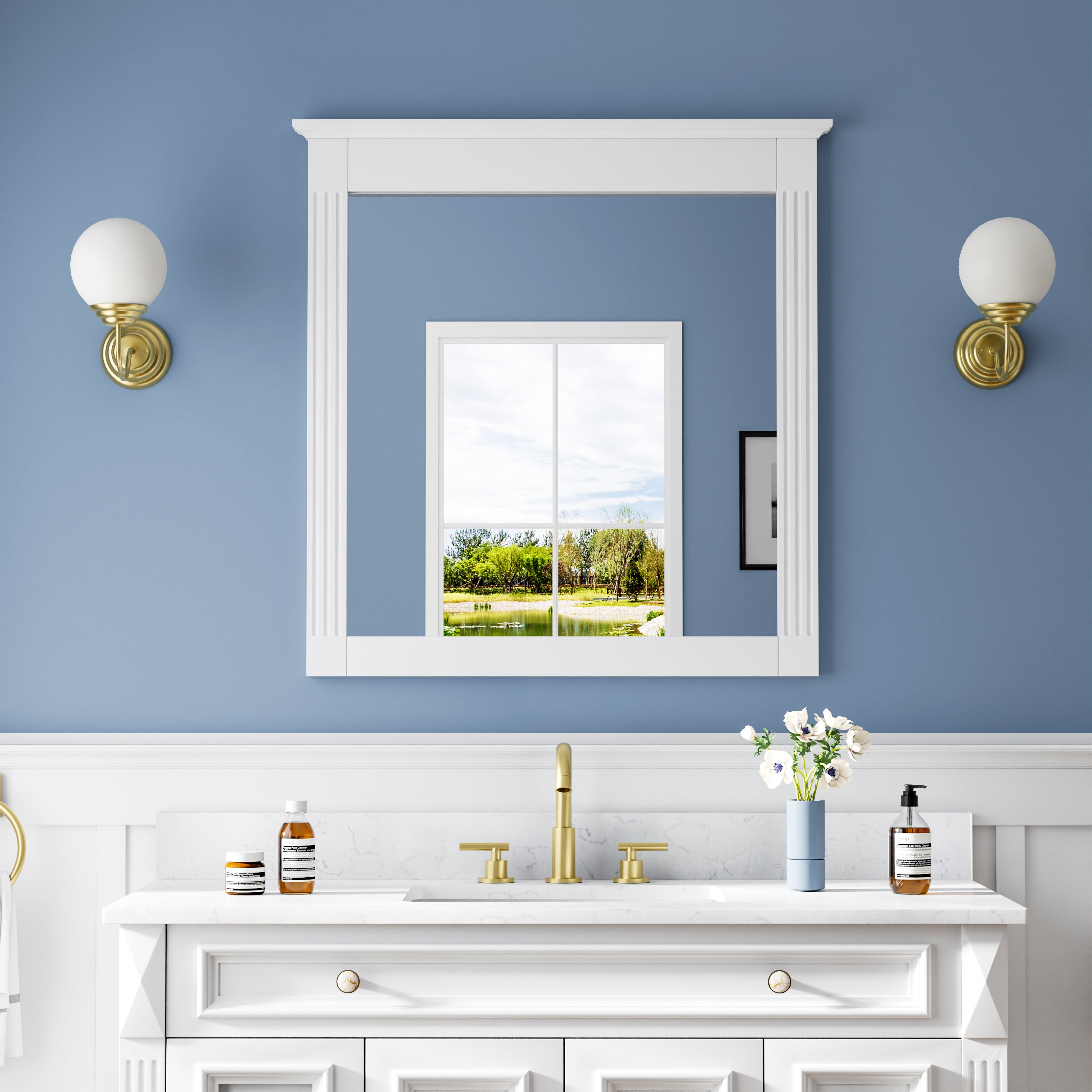 32 in. W x 33 in. H Wall-Mounted Wooden Framed Vanity Mirror Makeup Bathroom Wall Mirror
