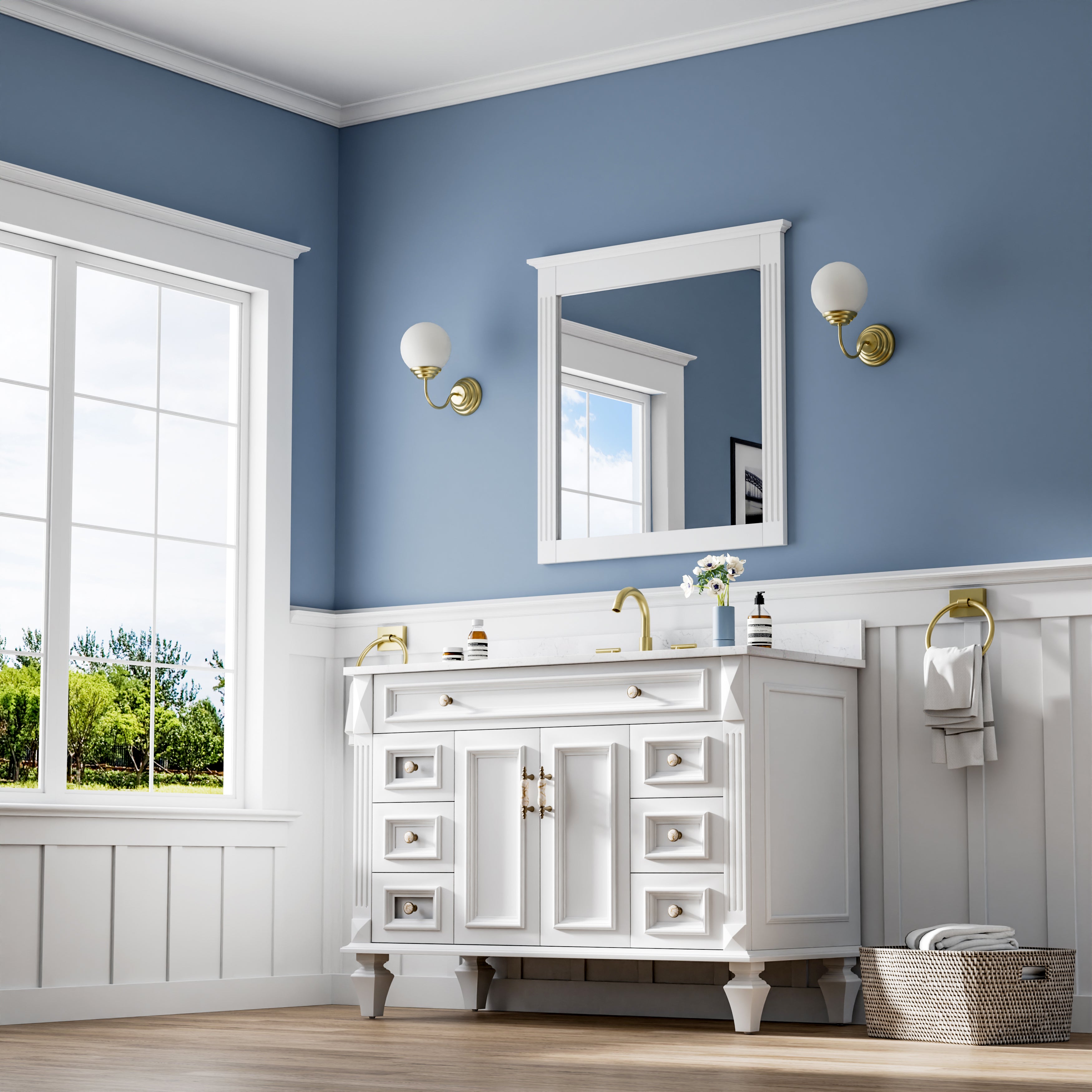 32 in. W x 33 in. H Wall-Mounted Wooden Framed Vanity Mirror Makeup Bathroom Wall Mirror