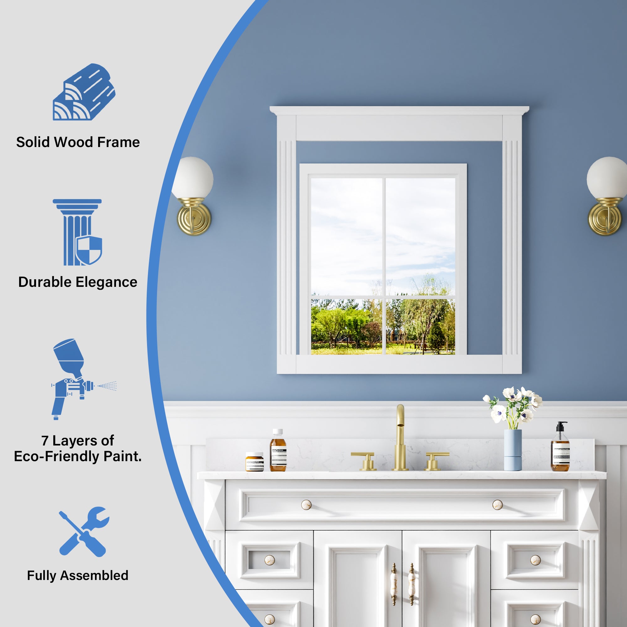 32 in. W x 33 in. H Wall-Mounted Wooden Framed Vanity Mirror Makeup Bathroom Wall Mirror