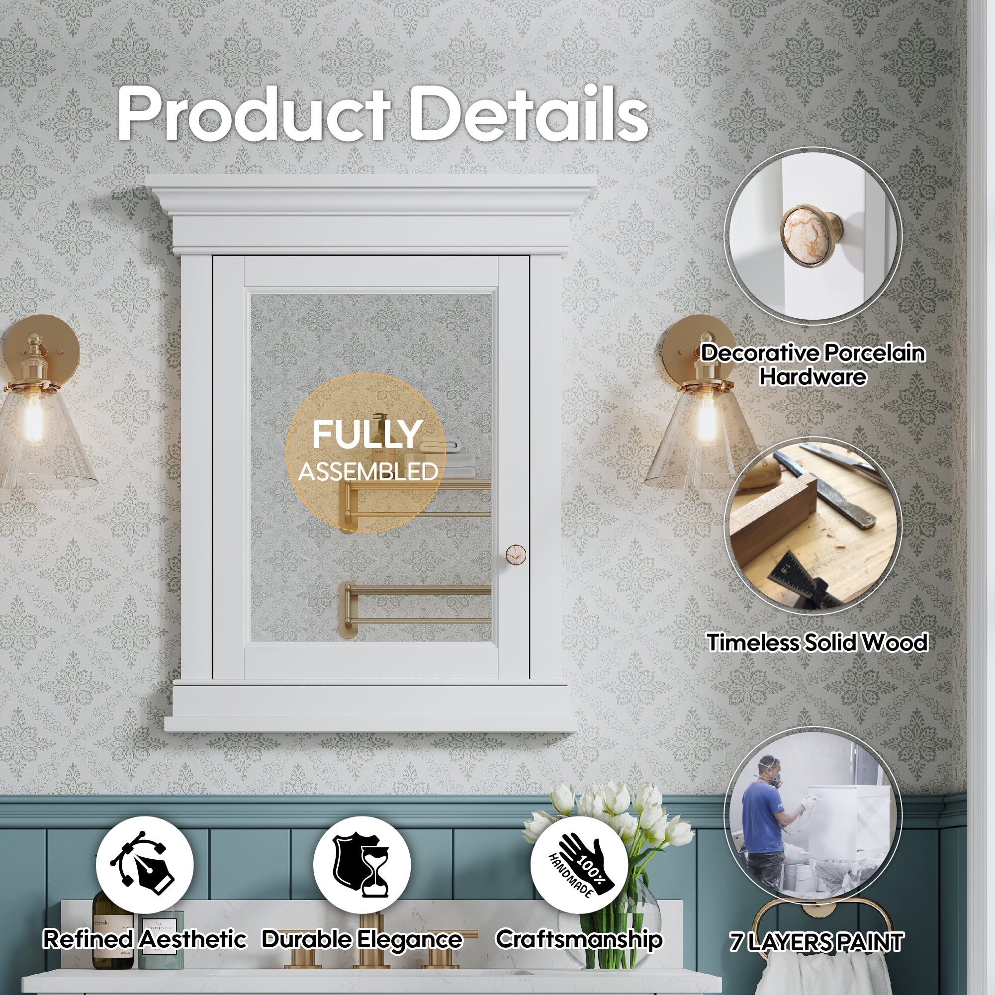 26 in. W x 32 in. H White Recessed installation Bathroom Medicine Wood Cabinet with Mirror