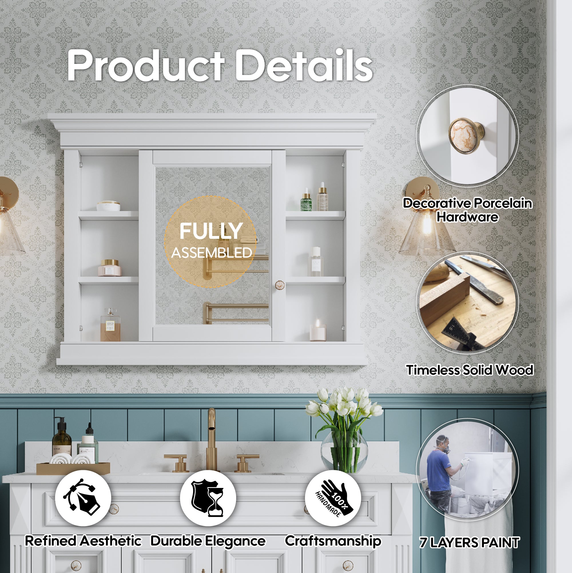 42 in. W x 32 in. H White Recessed installation Bathroom Medicine Wood Cabinet with Mirror