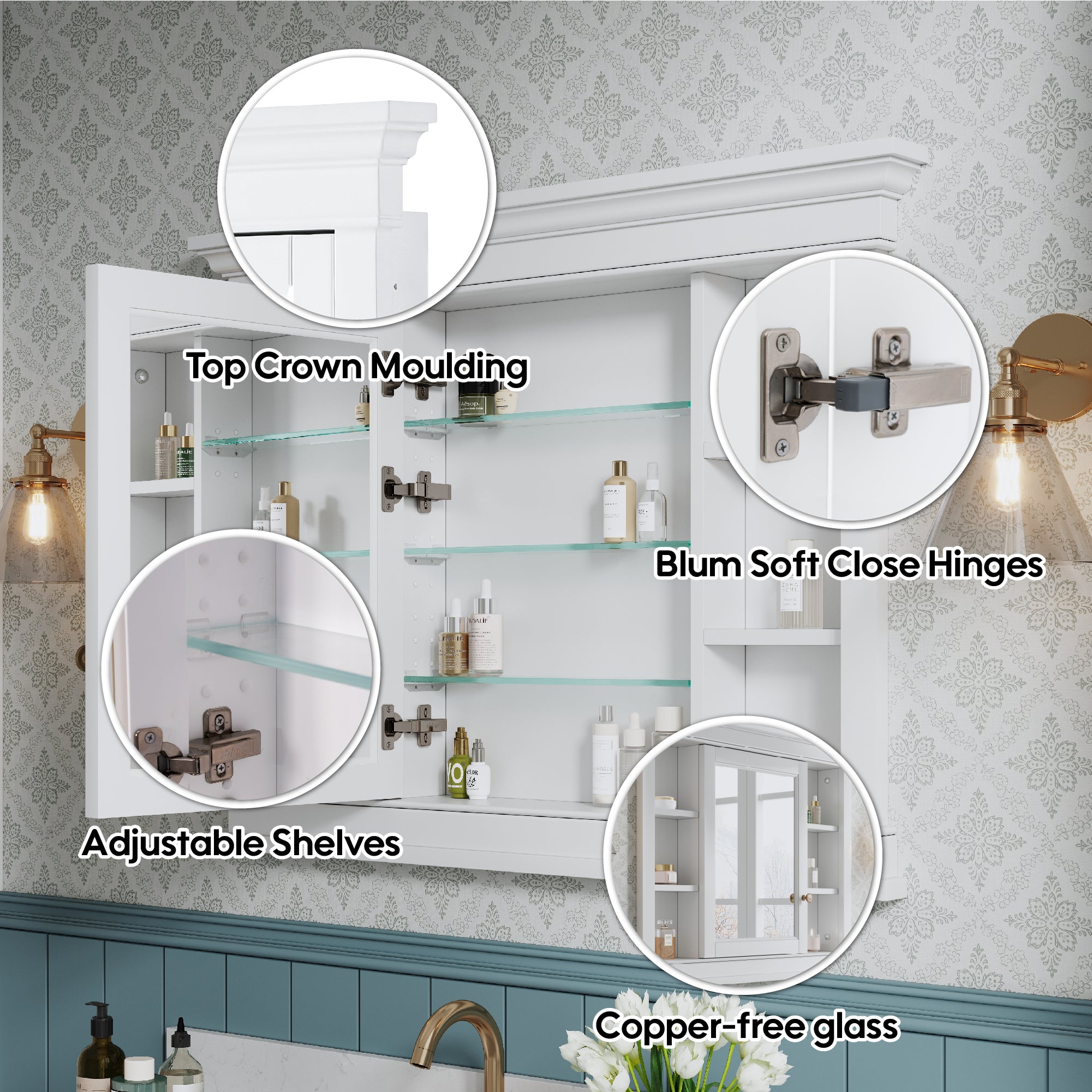 42 in. W x 32 in. H White Recessed installation Bathroom Medicine Wood Cabinet with Mirror