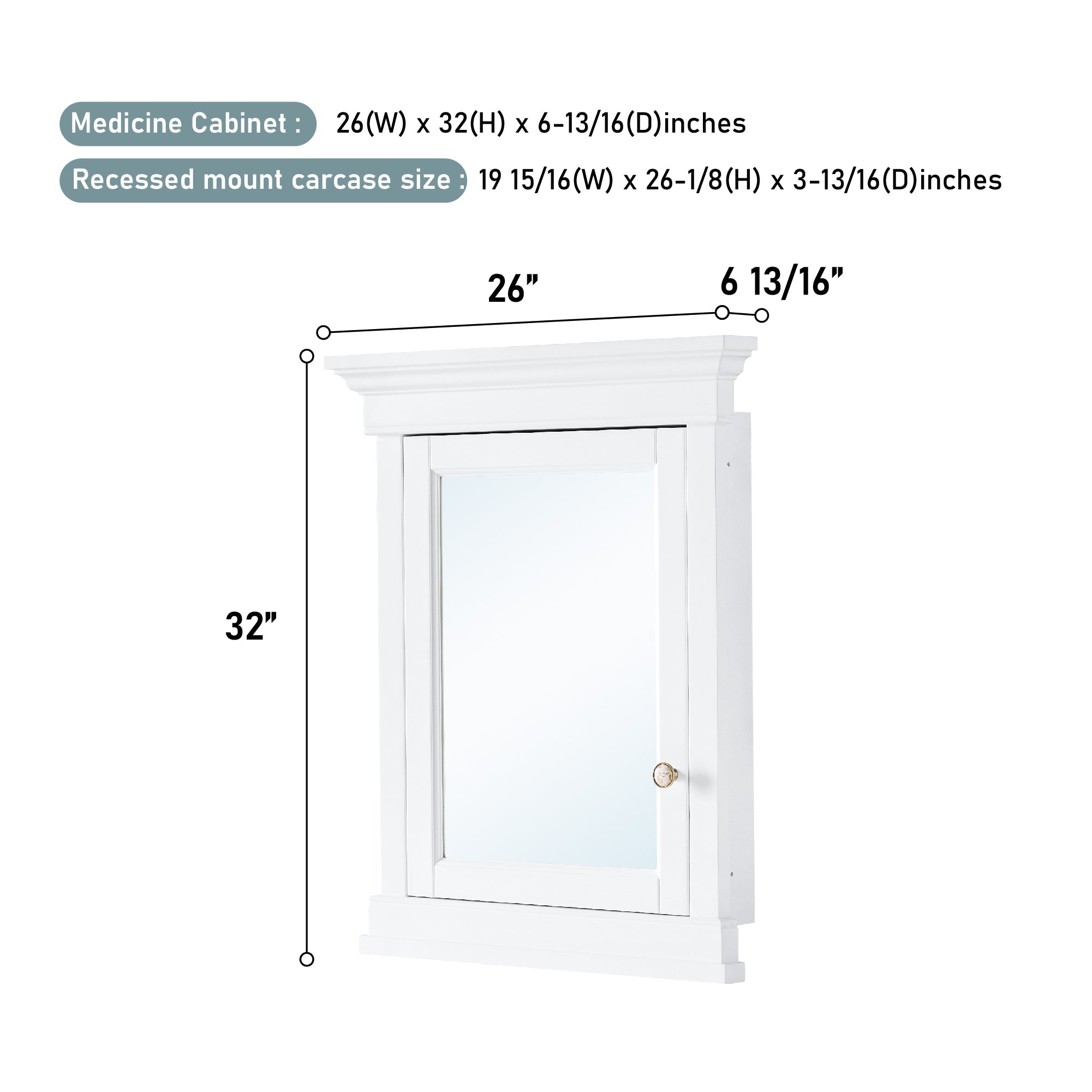 26 in. W x 32 in. H White Recessed installation Bathroom Medicine Wood Cabinet with Mirror