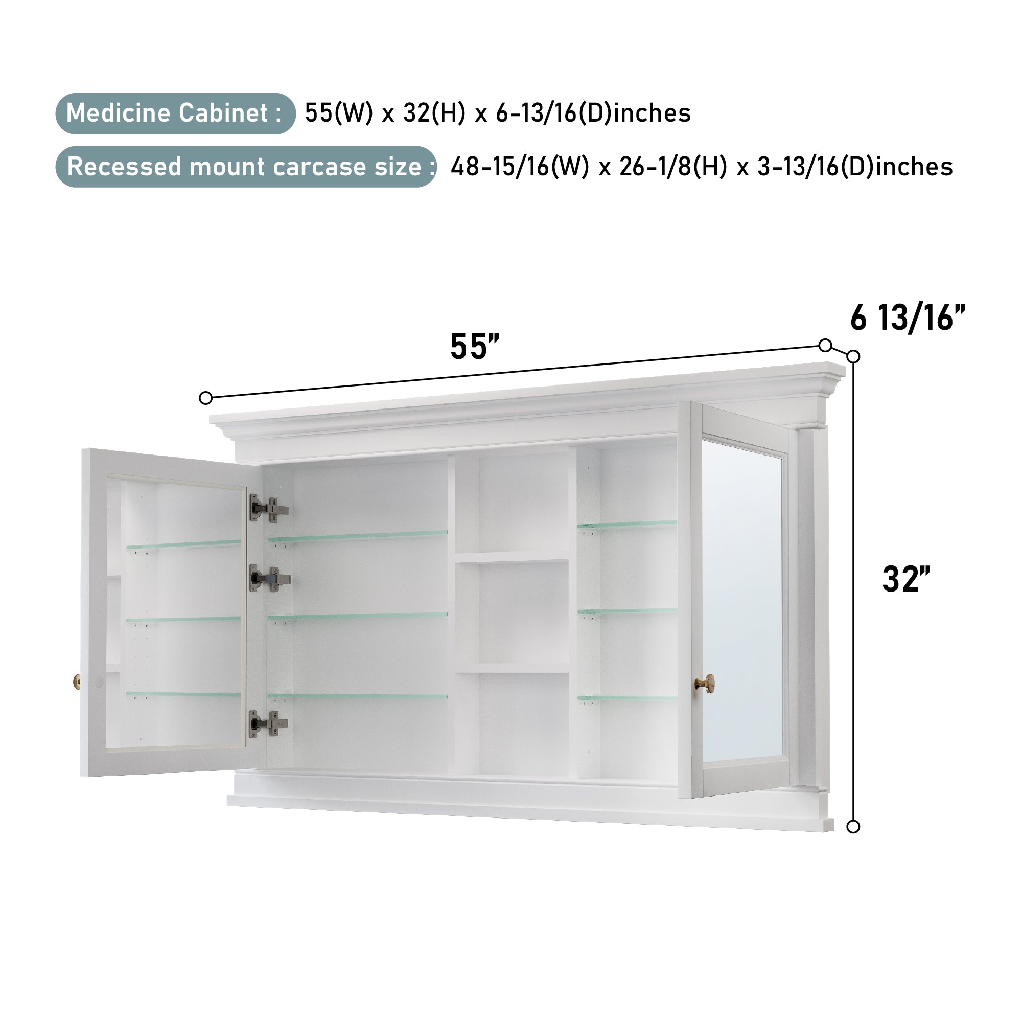 55 in. W x 32 in. H White Recessed installation Bathroom Medicine Wood Cabinet with Mirror