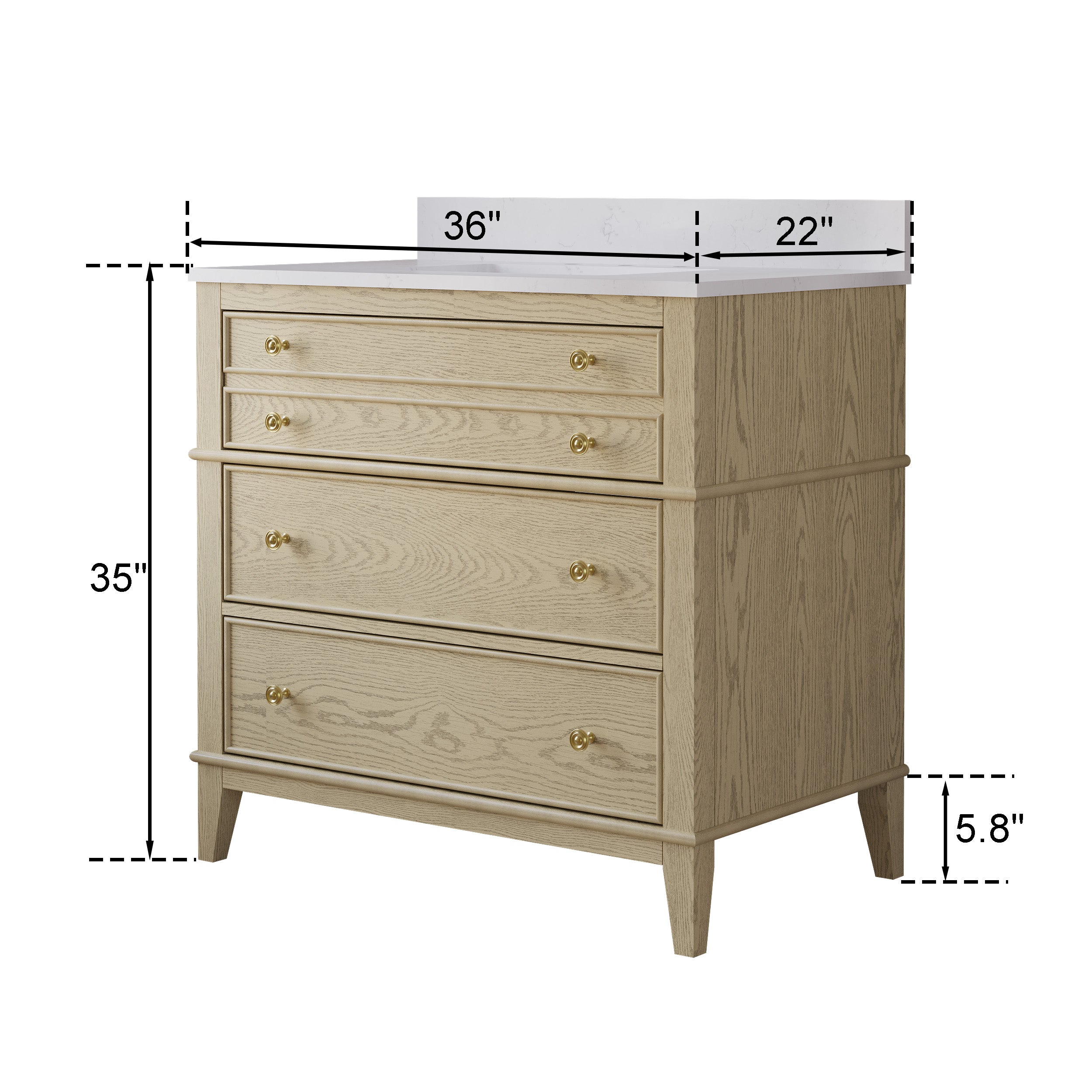 36 in. OAK Single Sink Freestanding Solid Wood Bathroom Vanity Storage Organizer with Carrara White Quartz Countertop