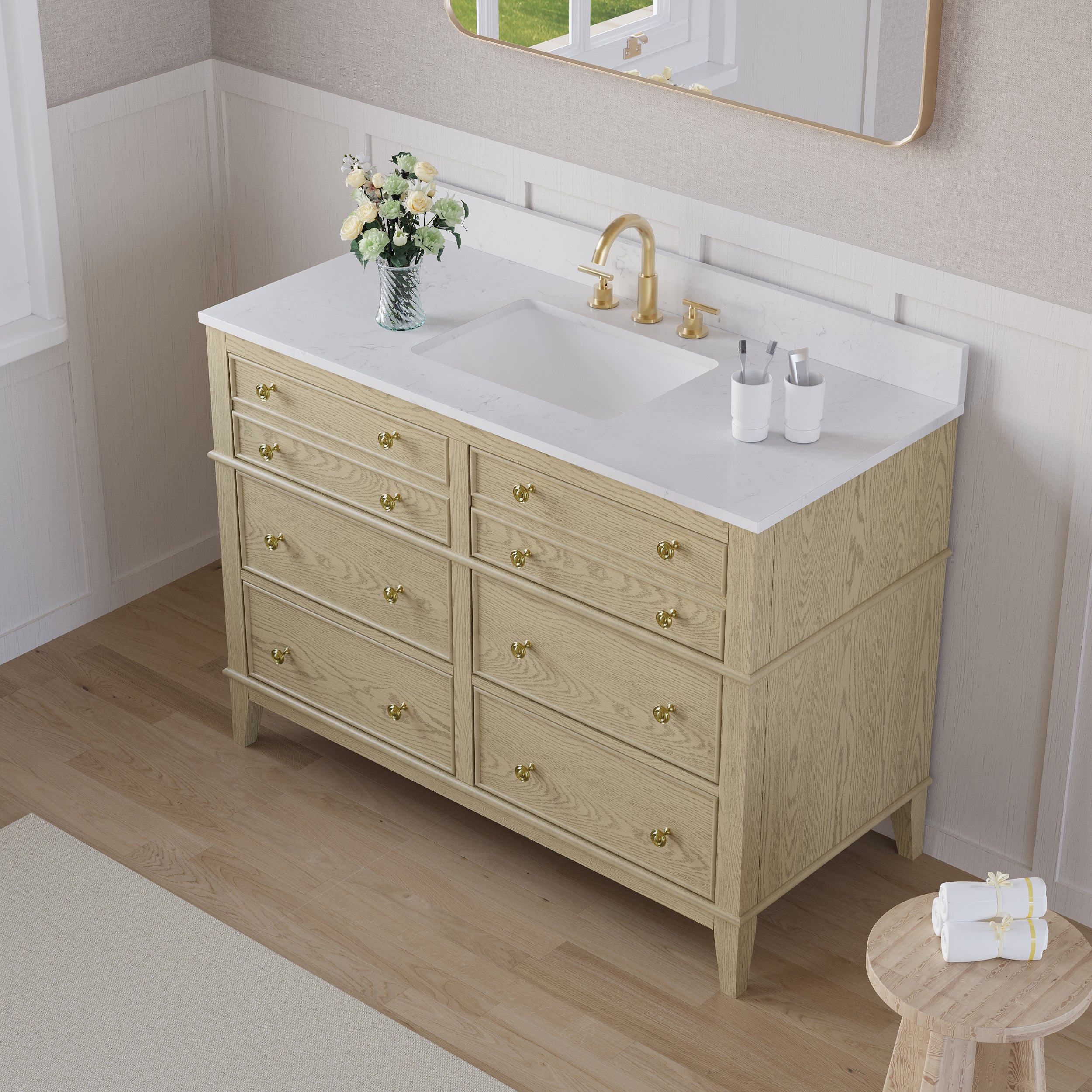 48 in. OAK Single Sink Freestanding Solid Wood Bathroom Vanity with Carrara White Quartz Countertop