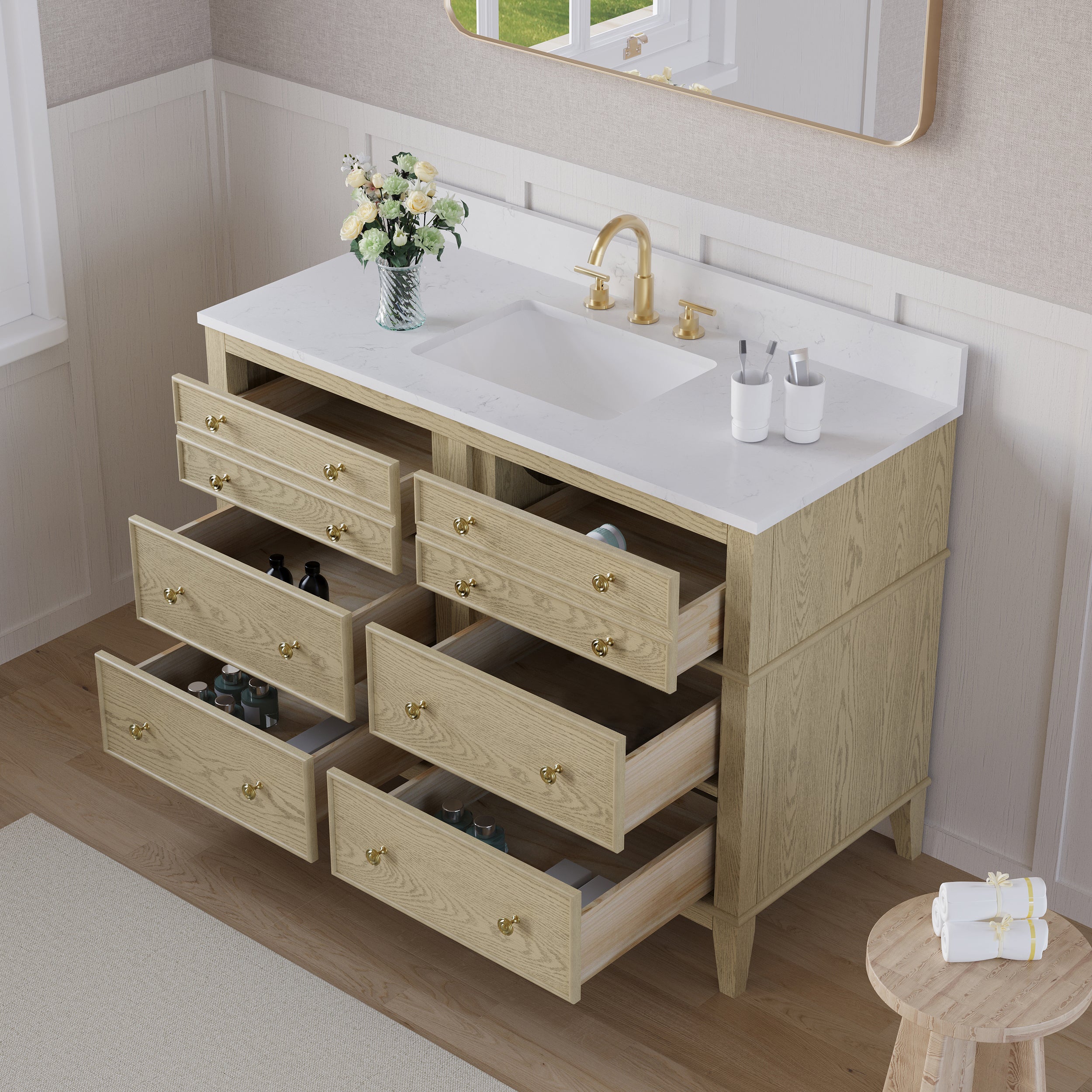 48 in. OAK Single Sink Freestanding Solid Wood Bathroom Vanity with Carrara White Quartz Countertop