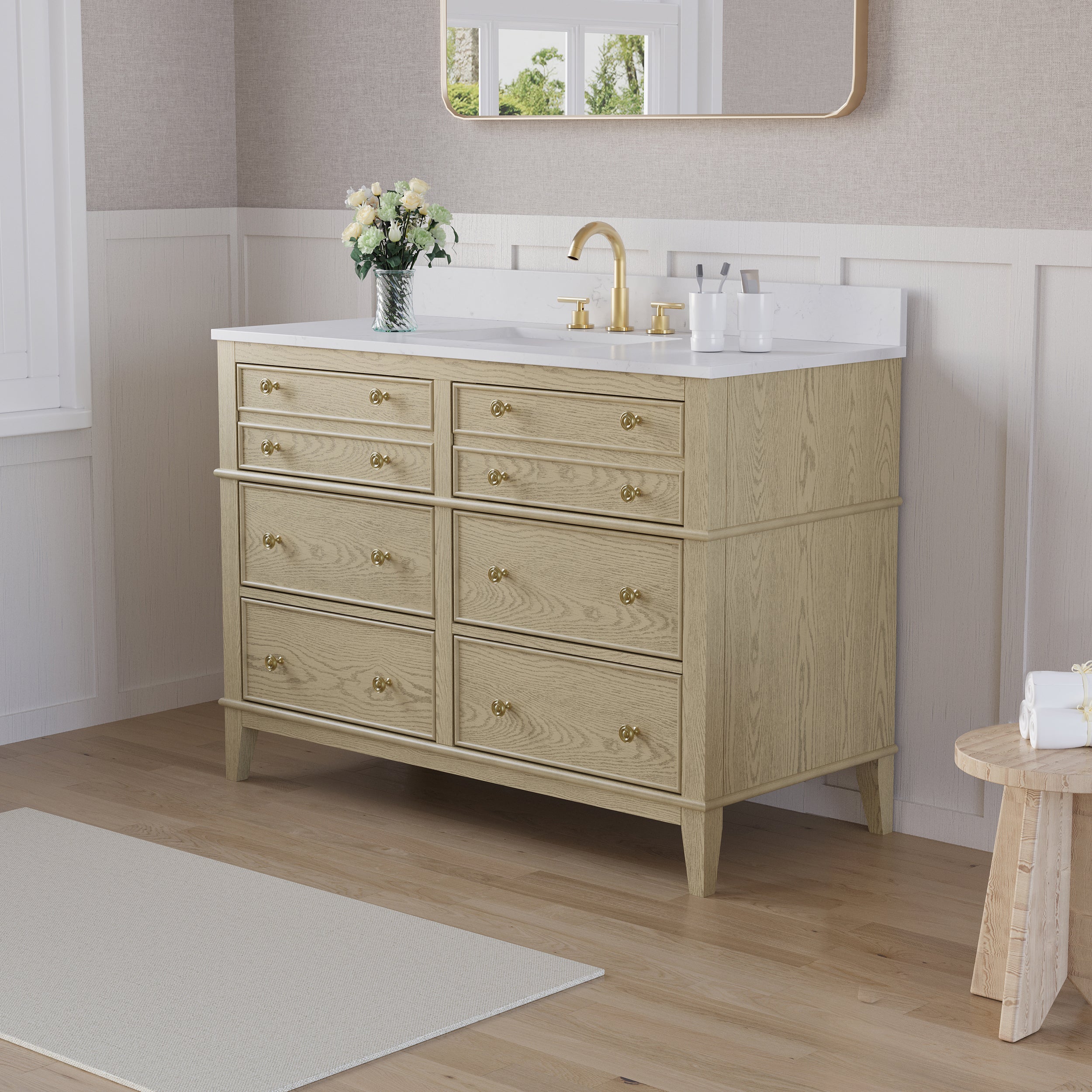48 in. OAK Single Sink Freestanding Solid Wood Bathroom Vanity with Carrara White Quartz Countertop