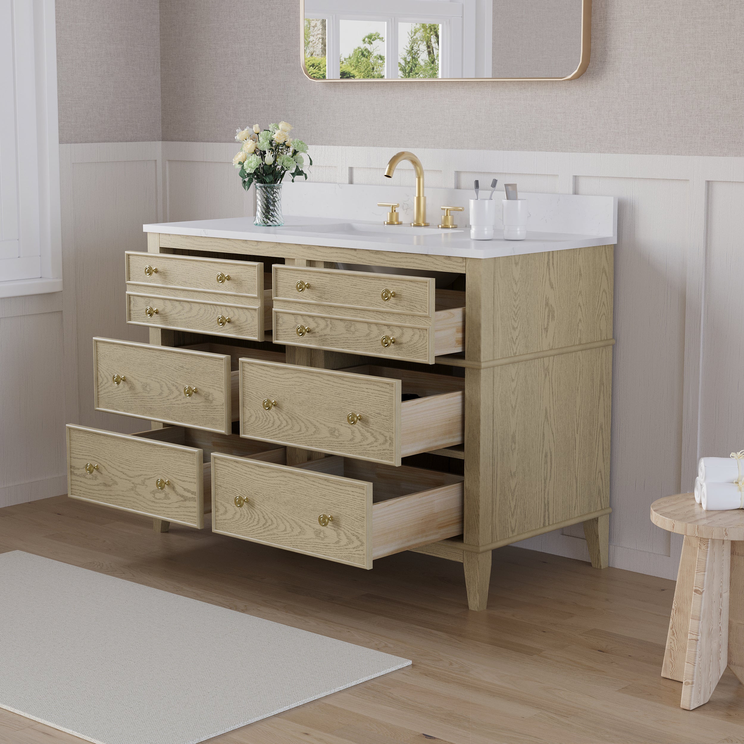 48 in. OAK Single Sink Freestanding Solid Wood Bathroom Vanity with Carrara White Quartz Countertop