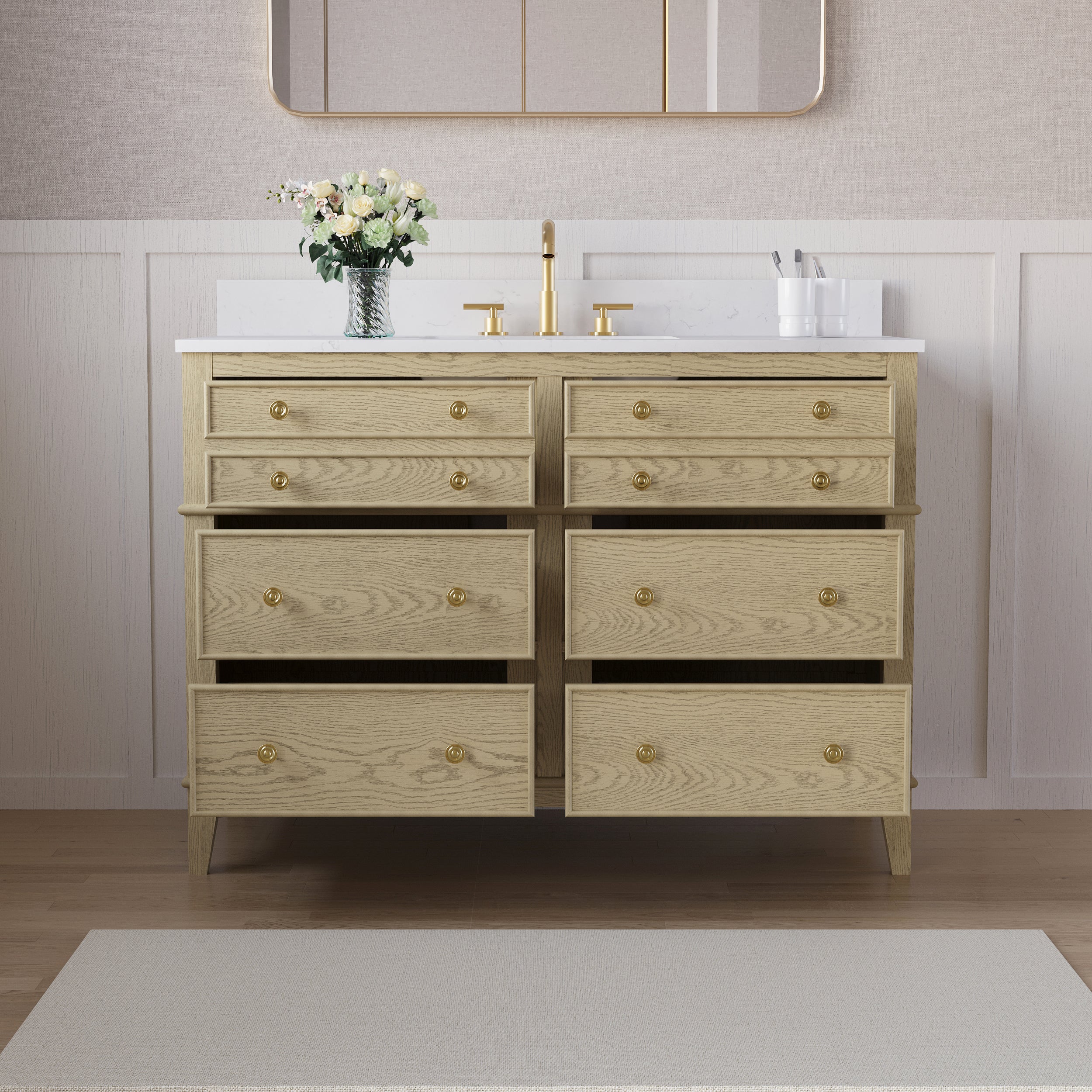 48 in. OAK Single Sink Freestanding Solid Wood Bathroom Vanity with Carrara White Quartz Countertop