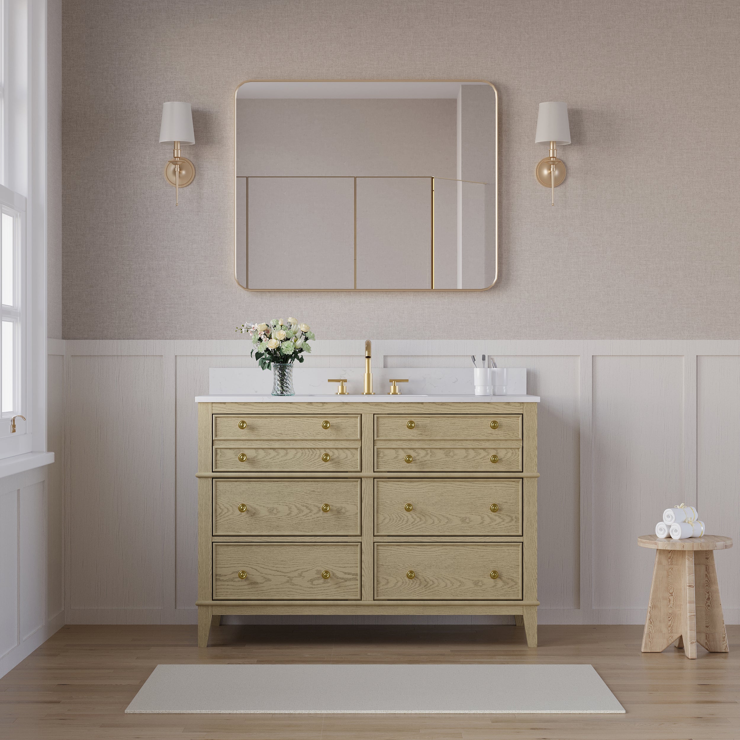 48 in. OAK Single Sink Freestanding Solid Wood Bathroom Vanity with Carrara White Quartz Countertop