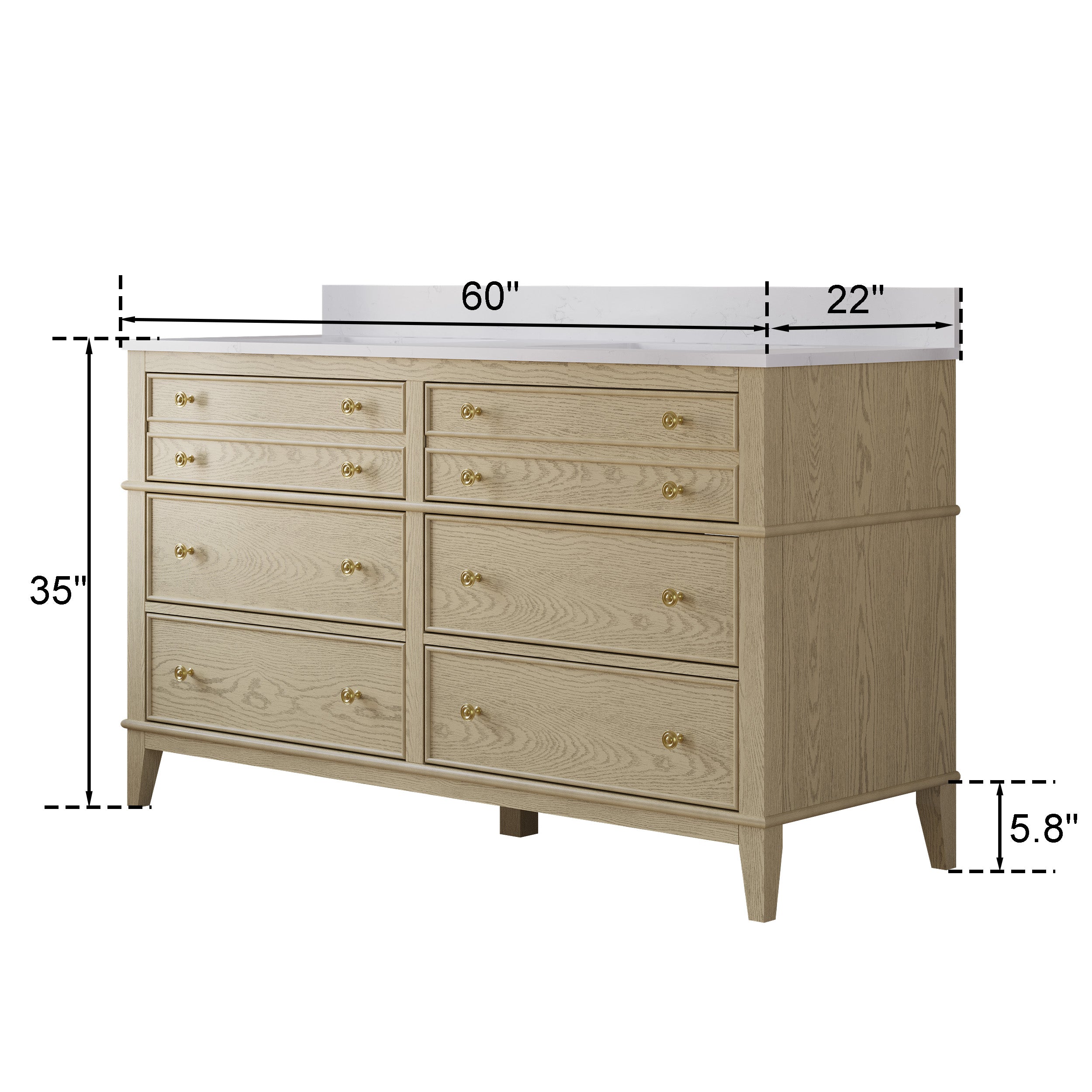 60 in. OAK Double Sinks Freestanding Solid Wood Bathroom Vanity with Carrara White Quartz Countertop