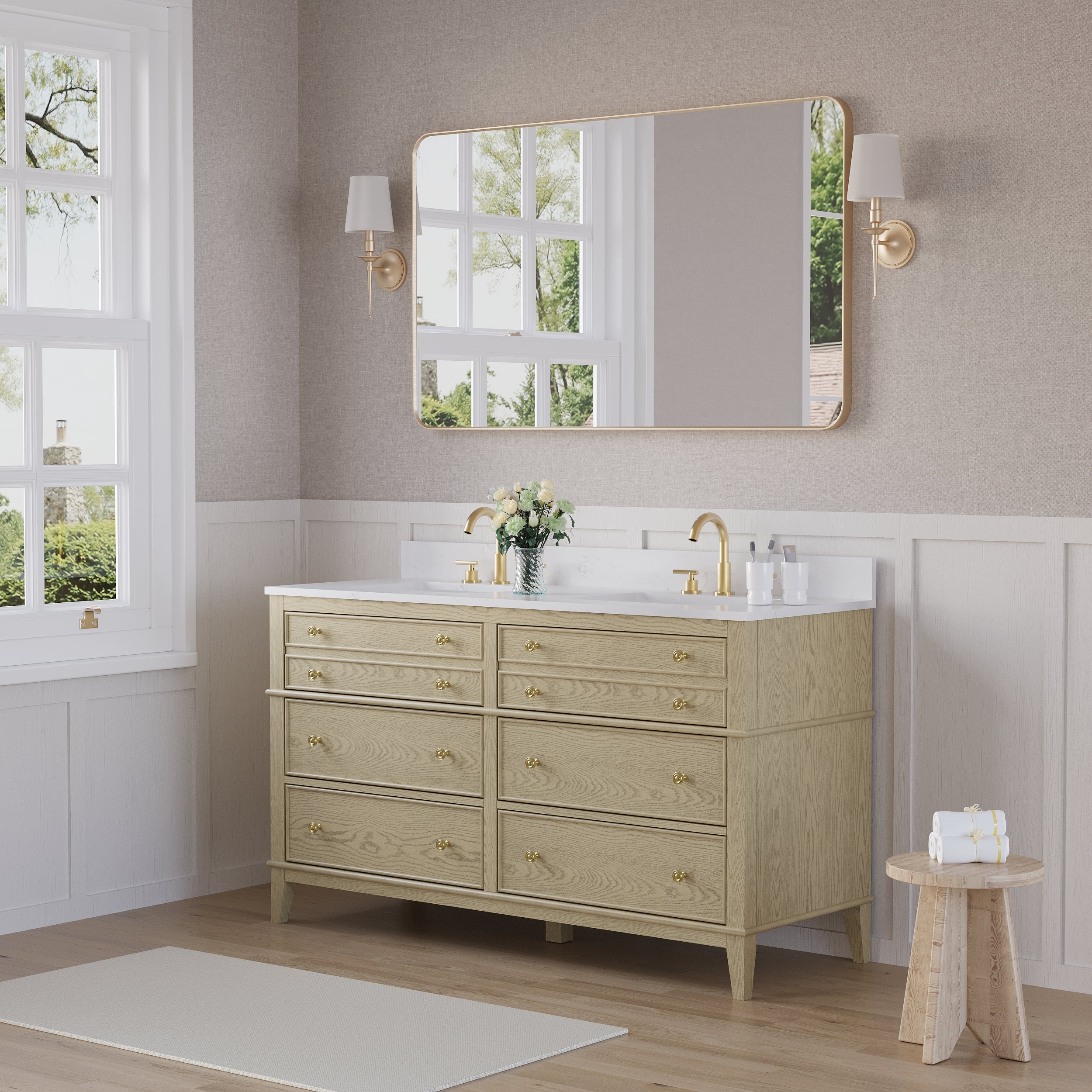 60 in. OAK Double Sinks Freestanding Solid Wood Bathroom Vanity with Carrara White Quartz Countertop