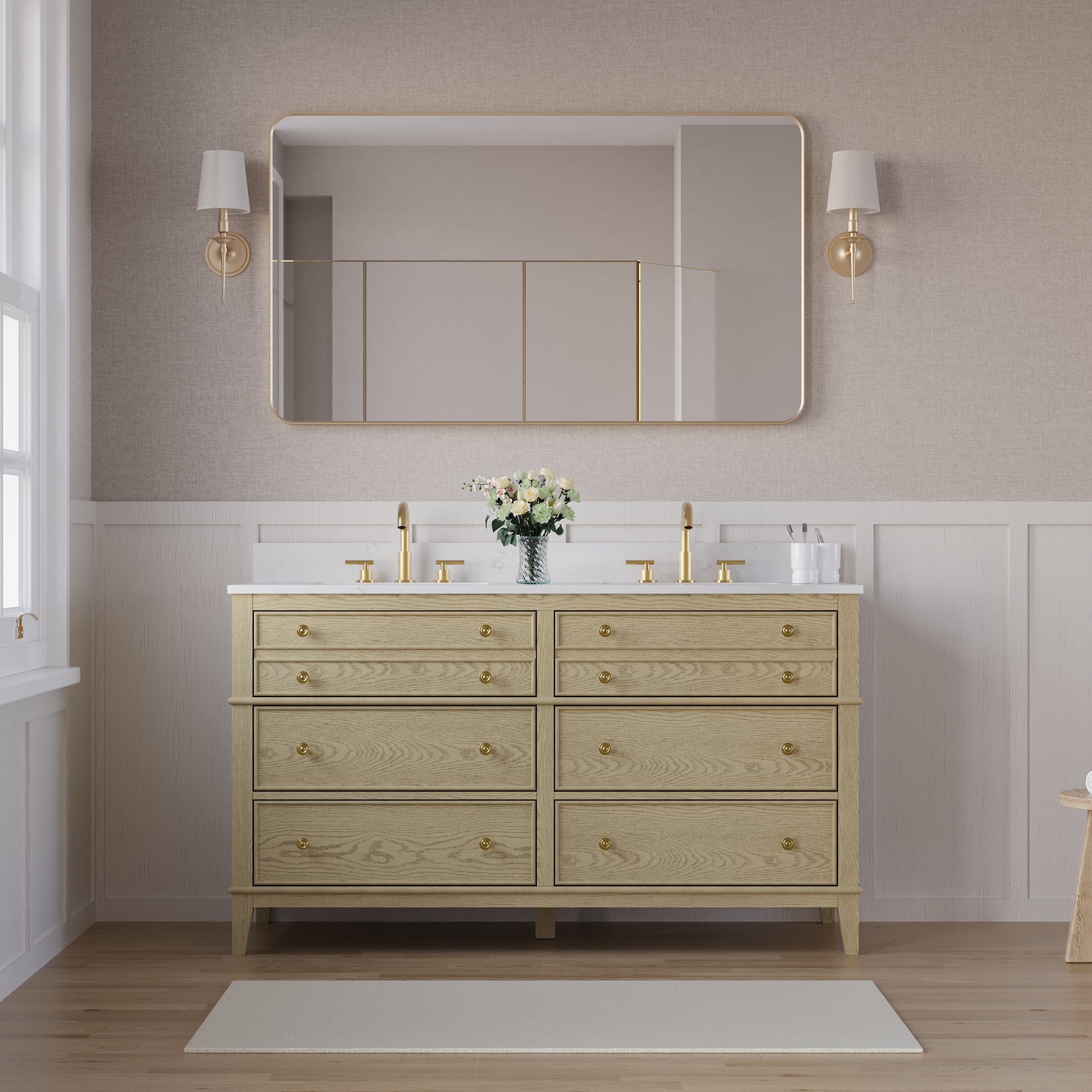 60 in. OAK Double Sinks Freestanding Solid Wood Bathroom Vanity with Carrara White Quartz Countertop