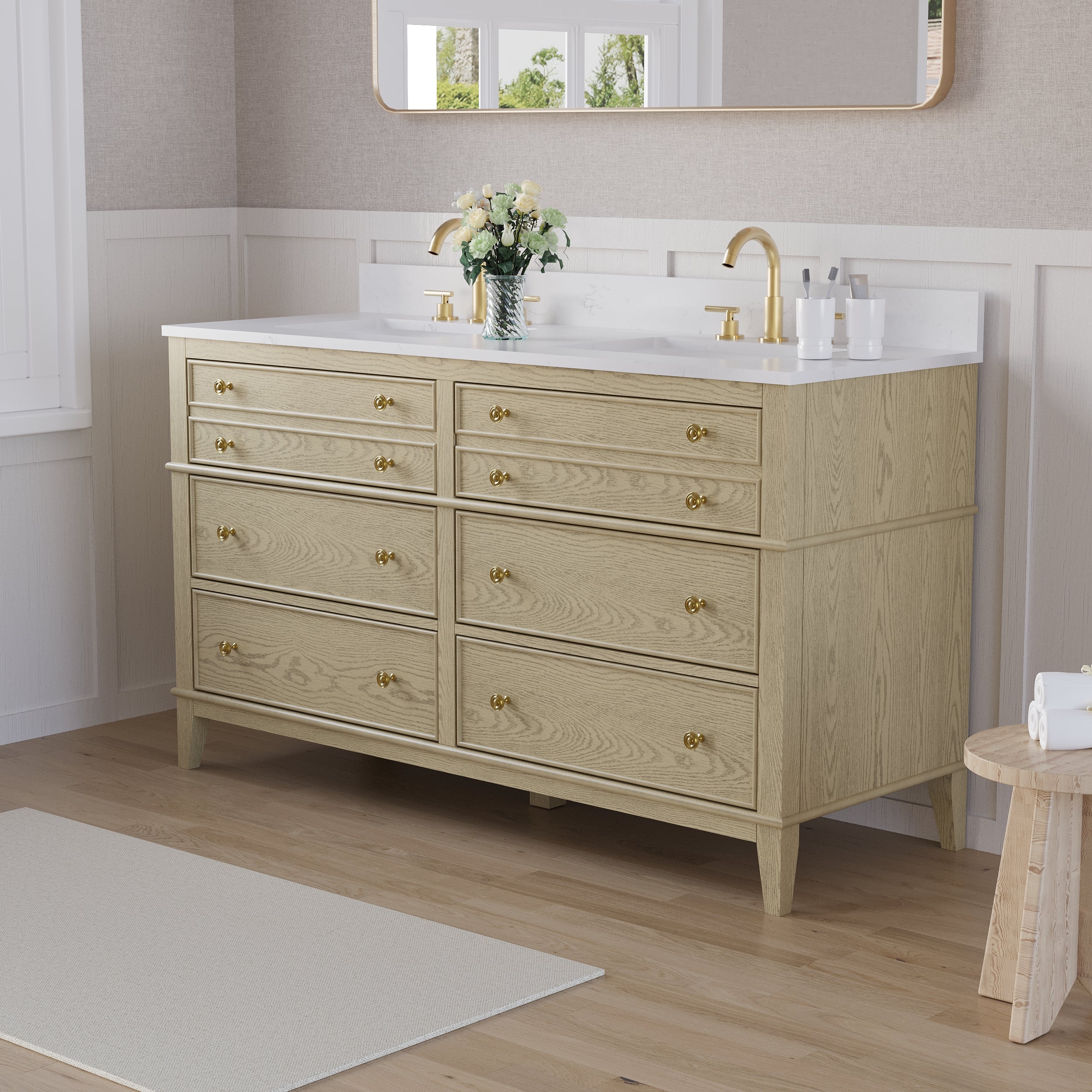 60 in. OAK Double Sinks Freestanding Solid Wood Bathroom Vanity with Carrara White Quartz Countertop
